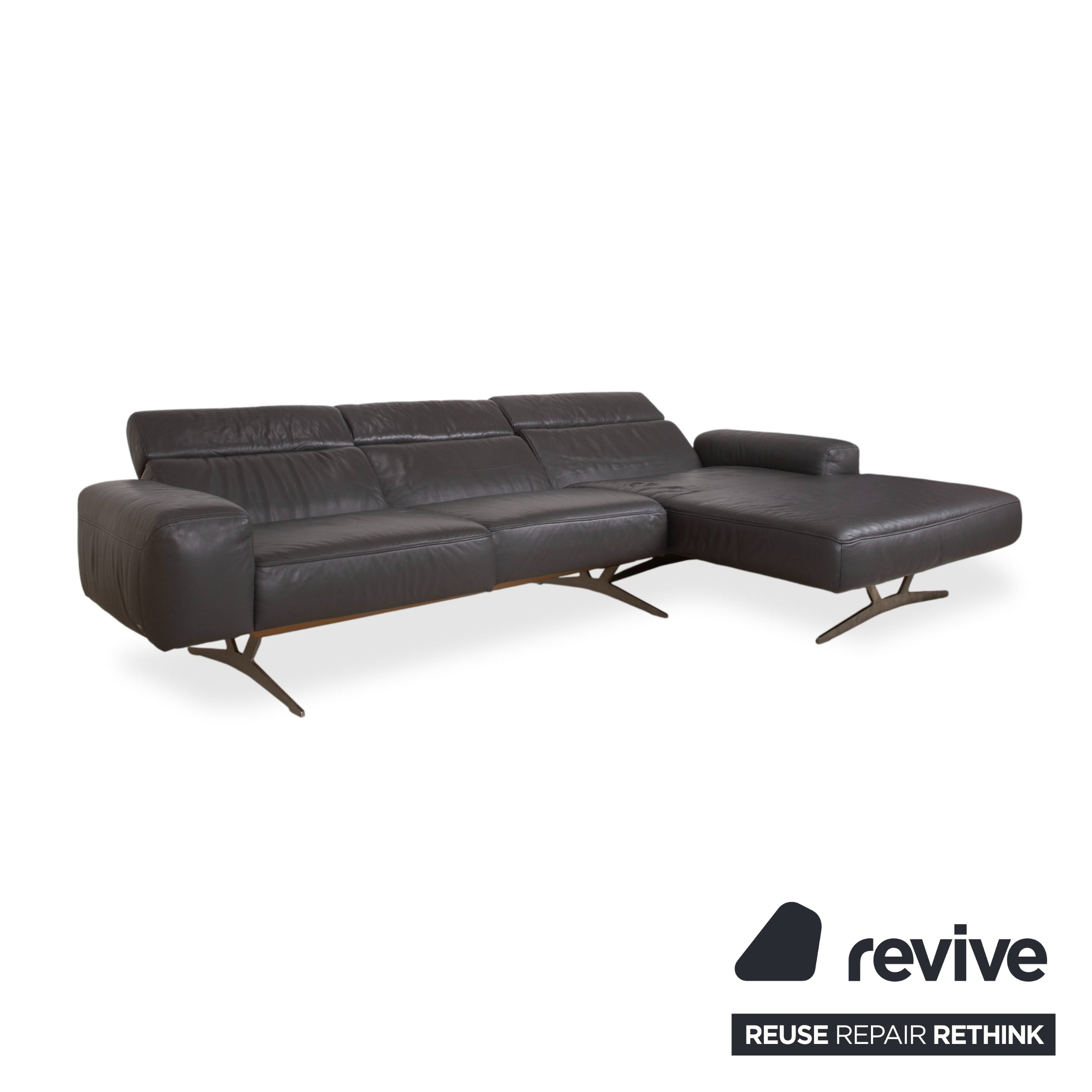 Koinor Monroe Leather Corner Sofa Grey Anthracite Wood Brown Chaise Longue Right Manual Function Couch