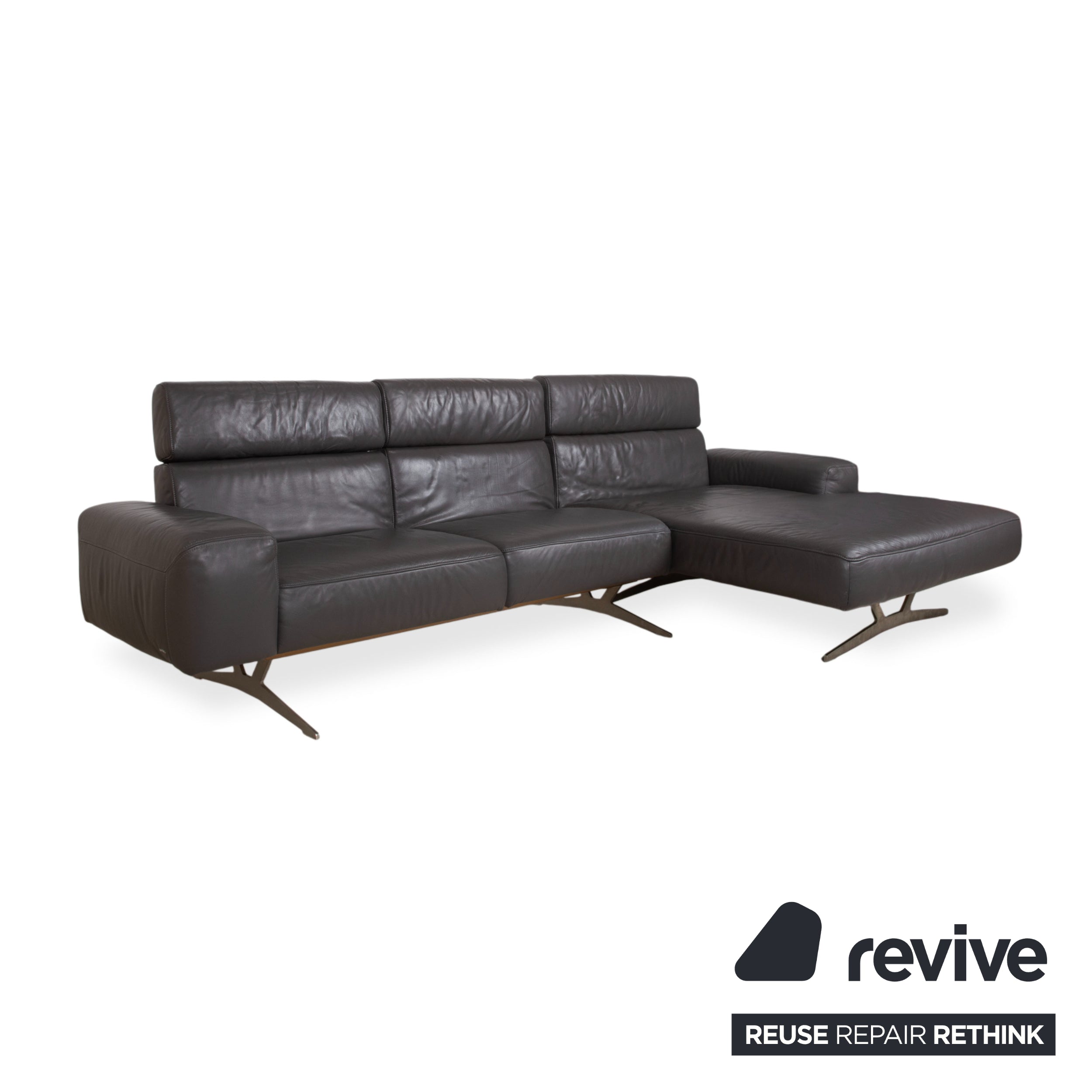 Koinor Monroe Leather Corner Sofa Grey Anthracite Wood Brown Chaise Longue Right Manual Function Couch