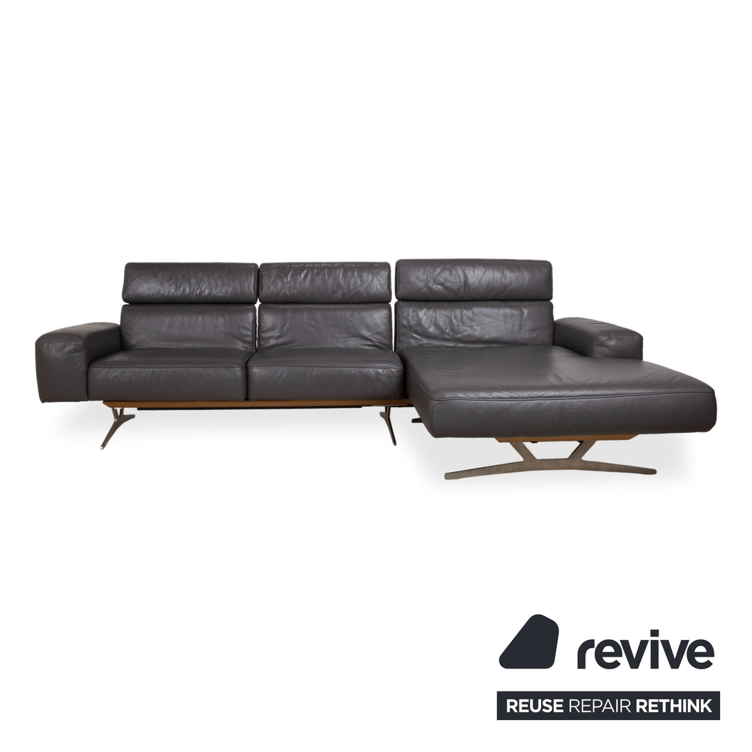 Koinor Monroe Leder Ecksofa Grau Anthrazit Holz Braun Recamiere Rechtsmanuelle Funtion Couch