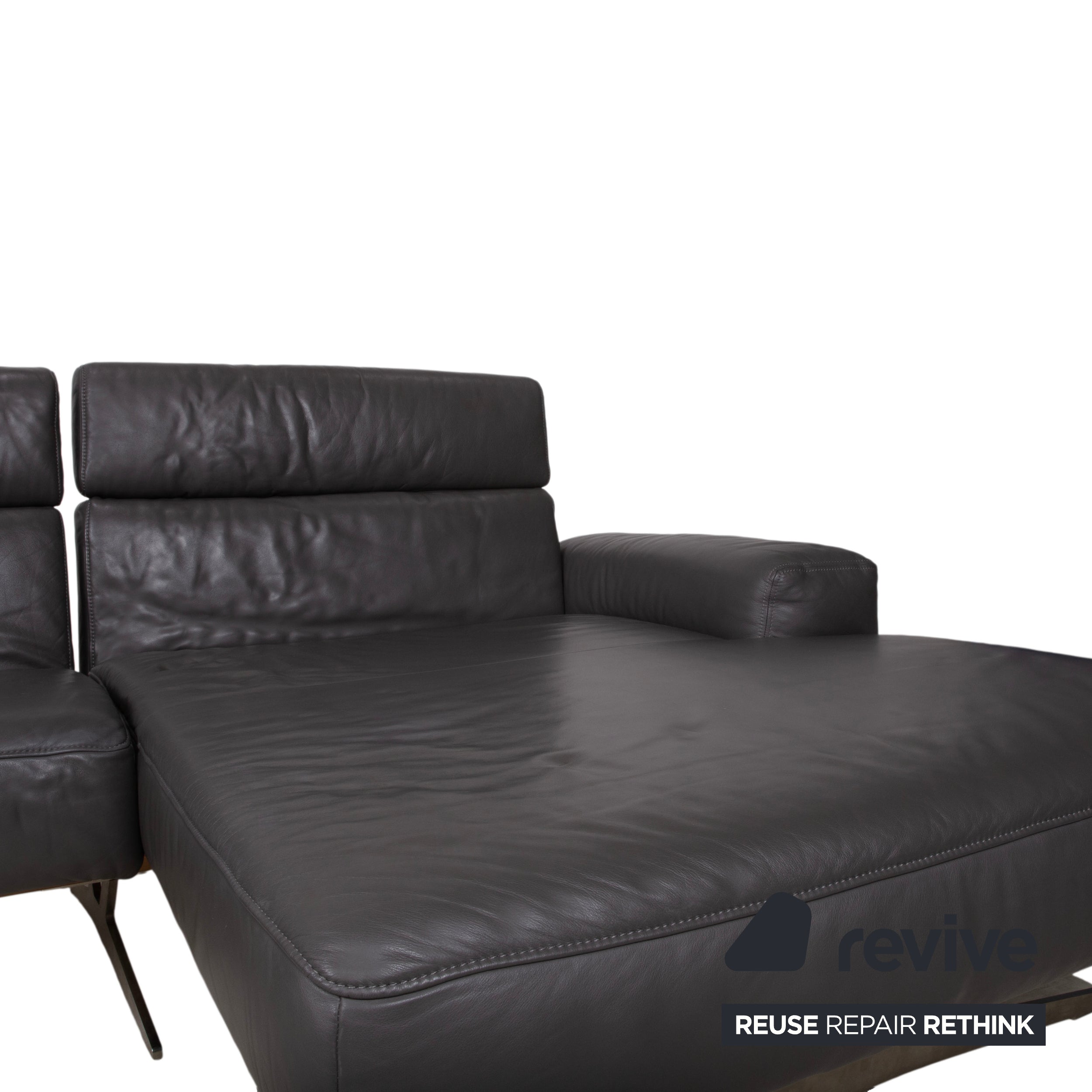 Koinor Monroe Leather Corner Sofa Grey Anthracite Wood Brown Chaise Longue Right Manual Function Couch