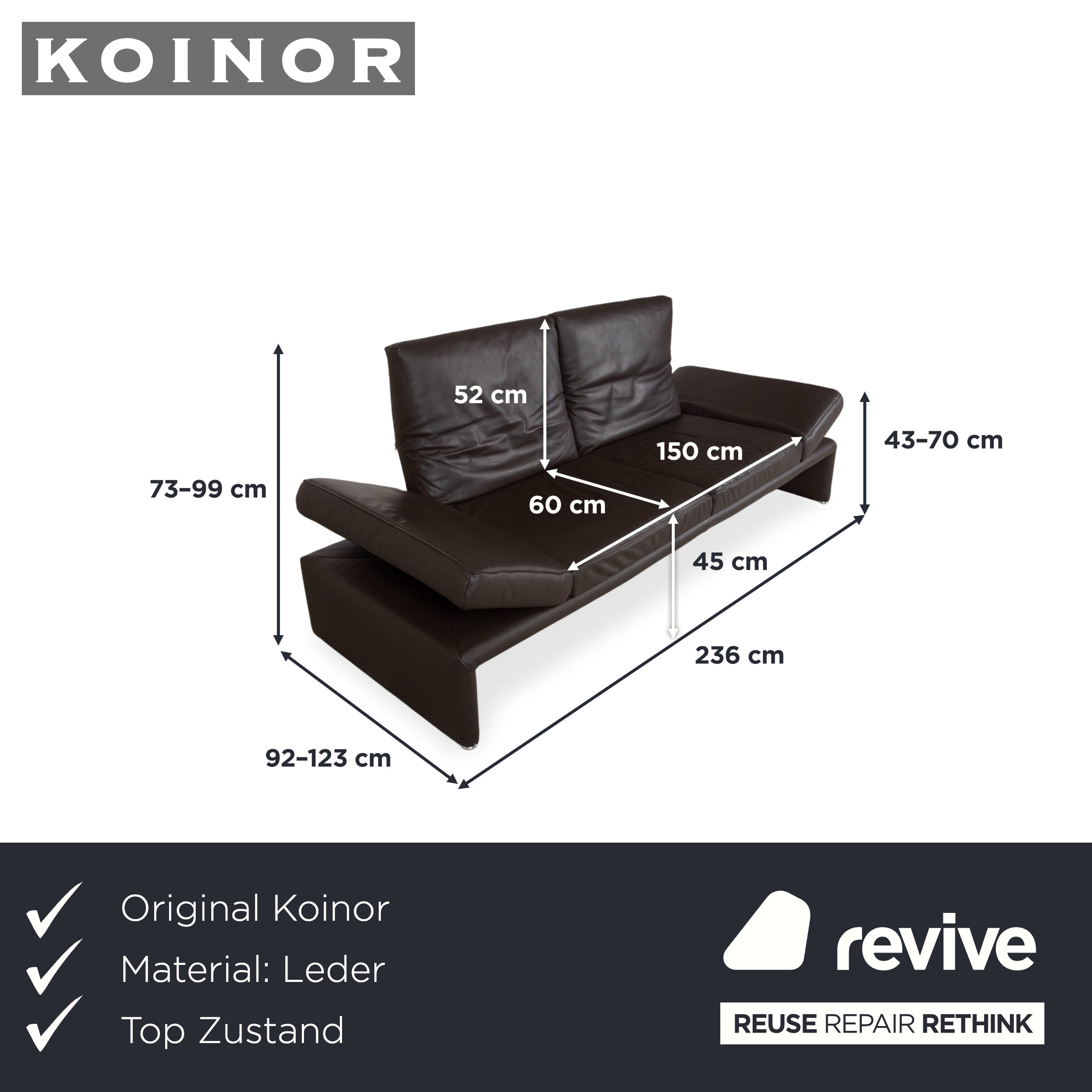 Koinor Raoul Leder Dreisitzer Braun Espresso Sofa Couch manuelle Relaxfunktion