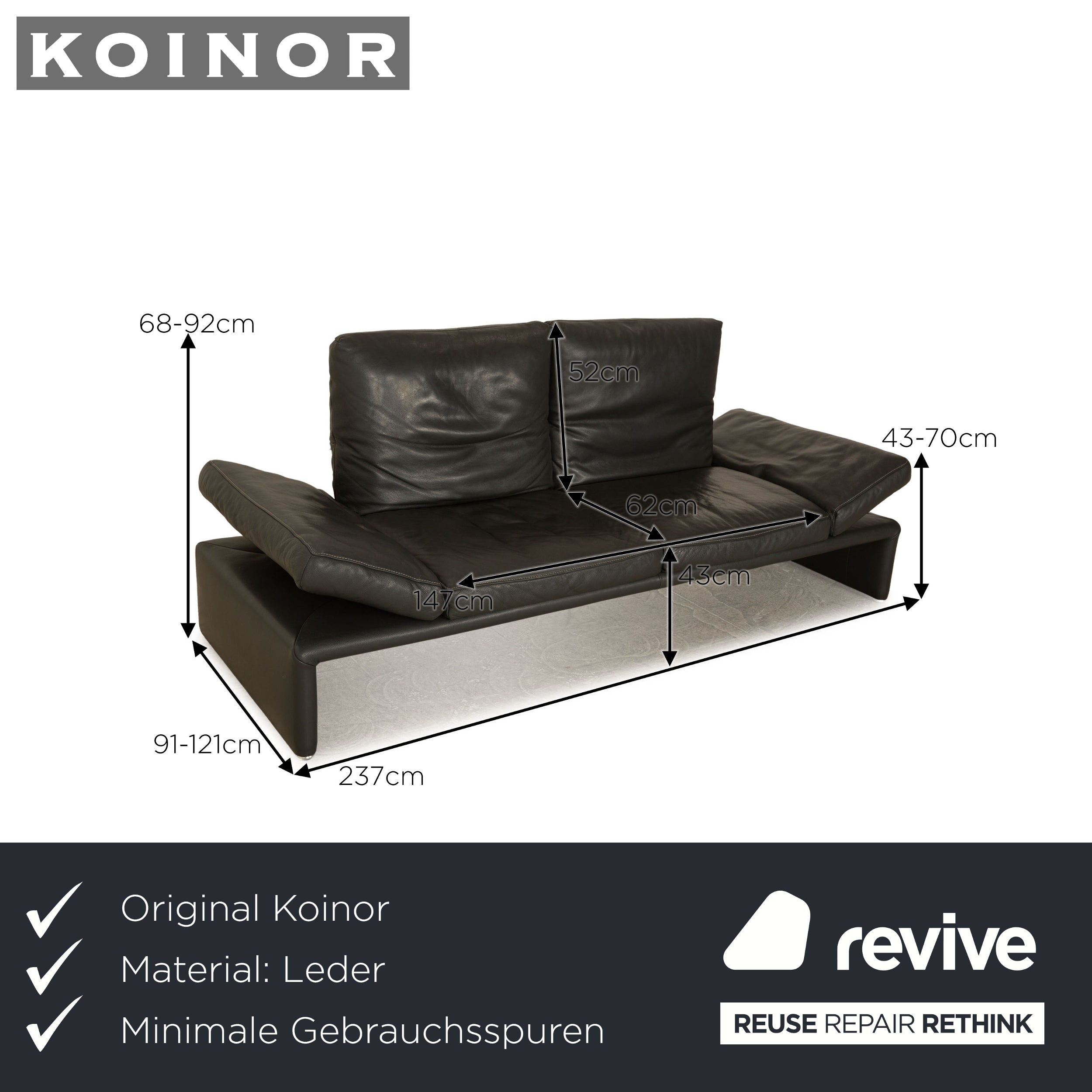 Koinor Raoul Leather Three Seater Dark Grey Electric Function Sofa Couch
