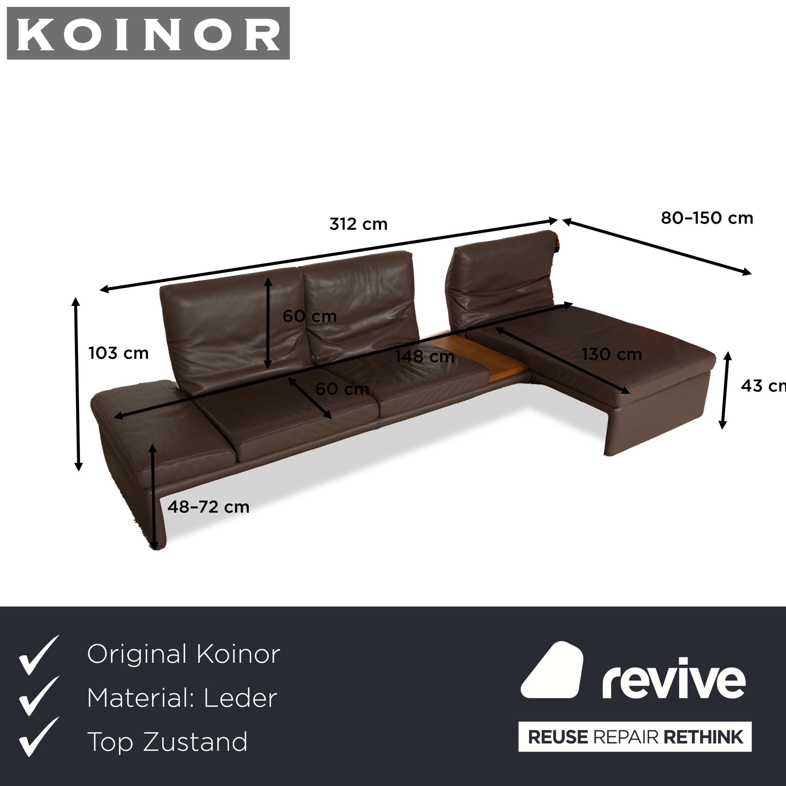 Koinor Raoul leather corner sofa couch brown grey chaise longue right manual function