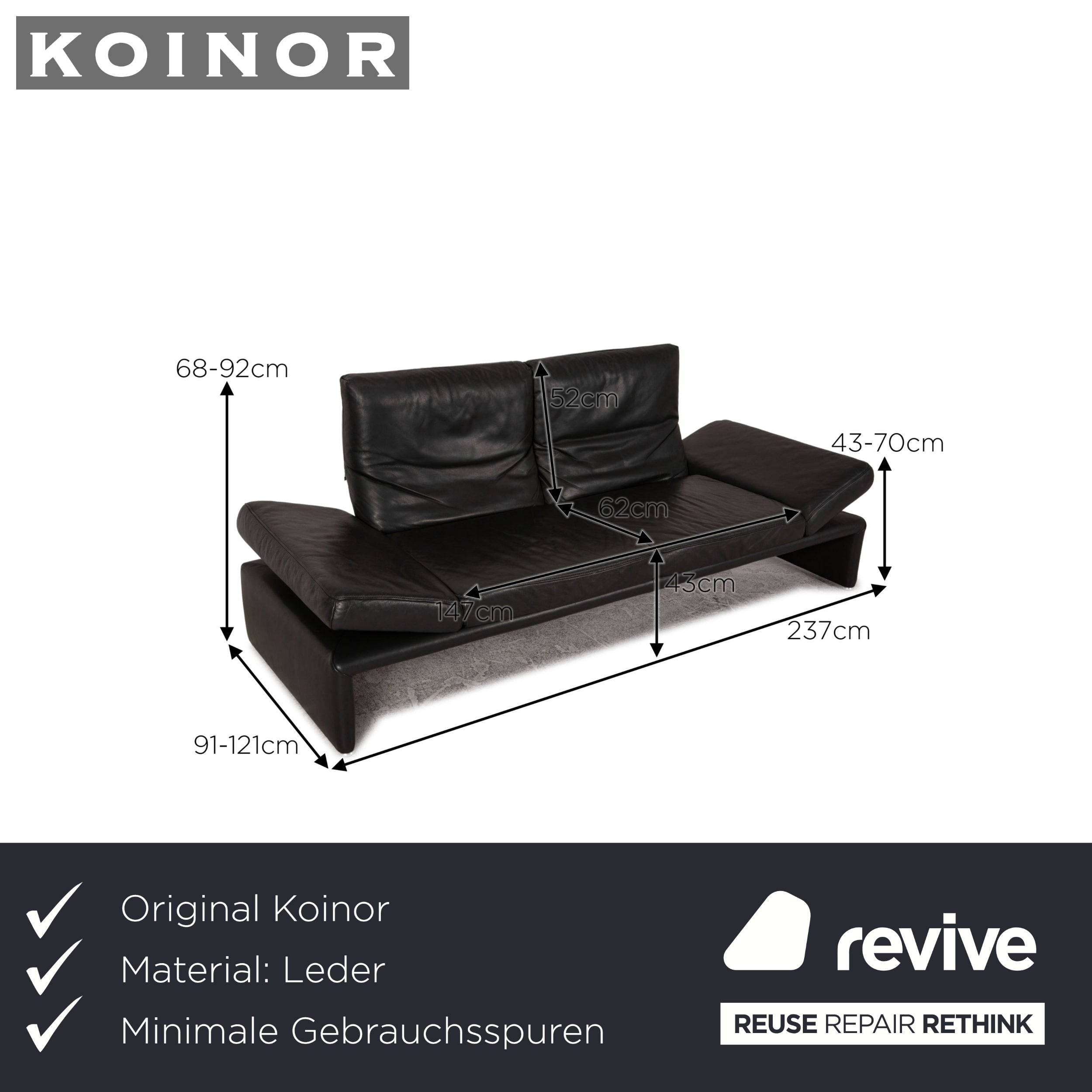 Koinor Raoul Leather Sofa Black Anthracite Three-seater Function Recliner Couch