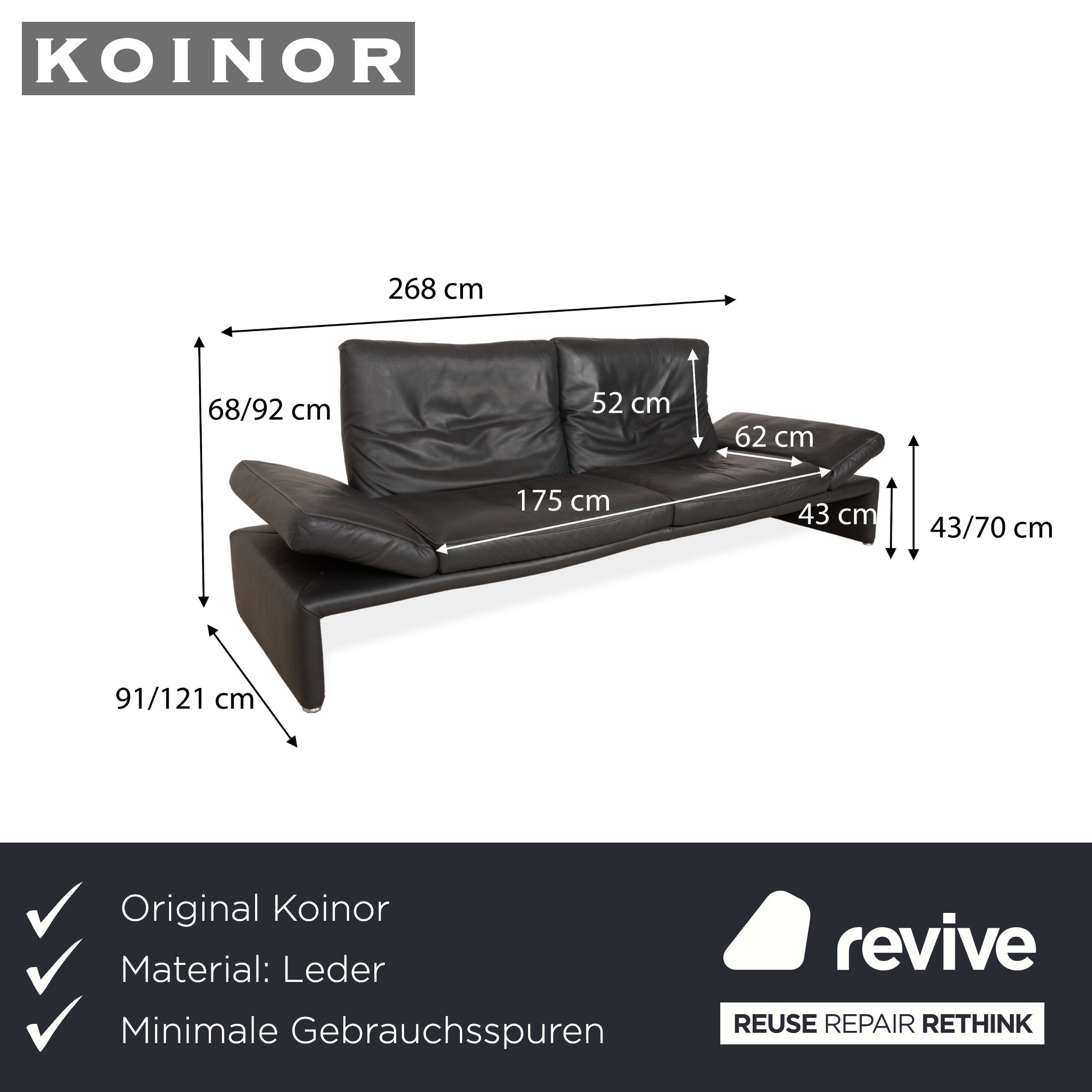 Koinor Raoul Leather Four Seater Dark Grey Manual Function Sofa Couch