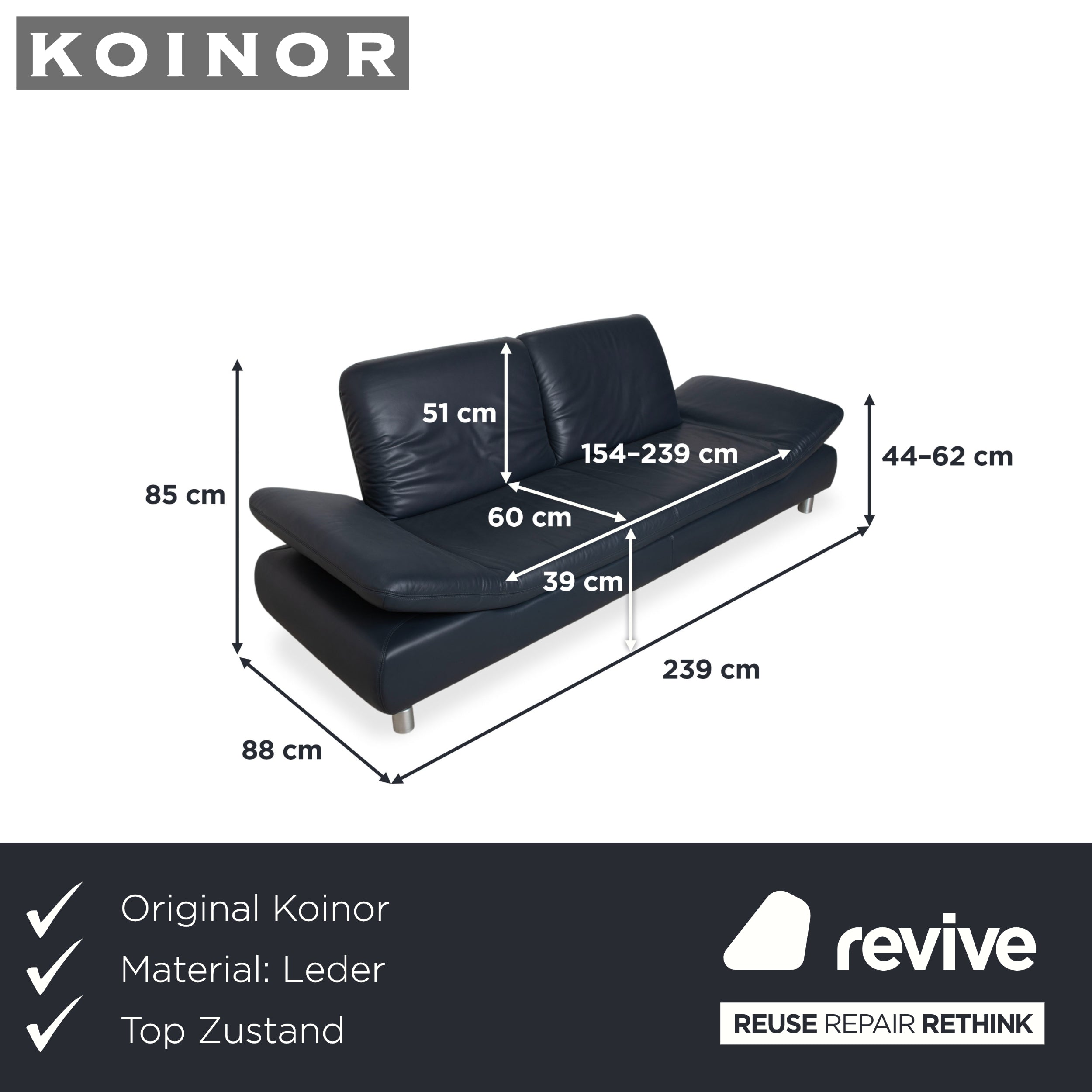 Koinor Rivoli three-seater leather sofa, blue, manual function couch