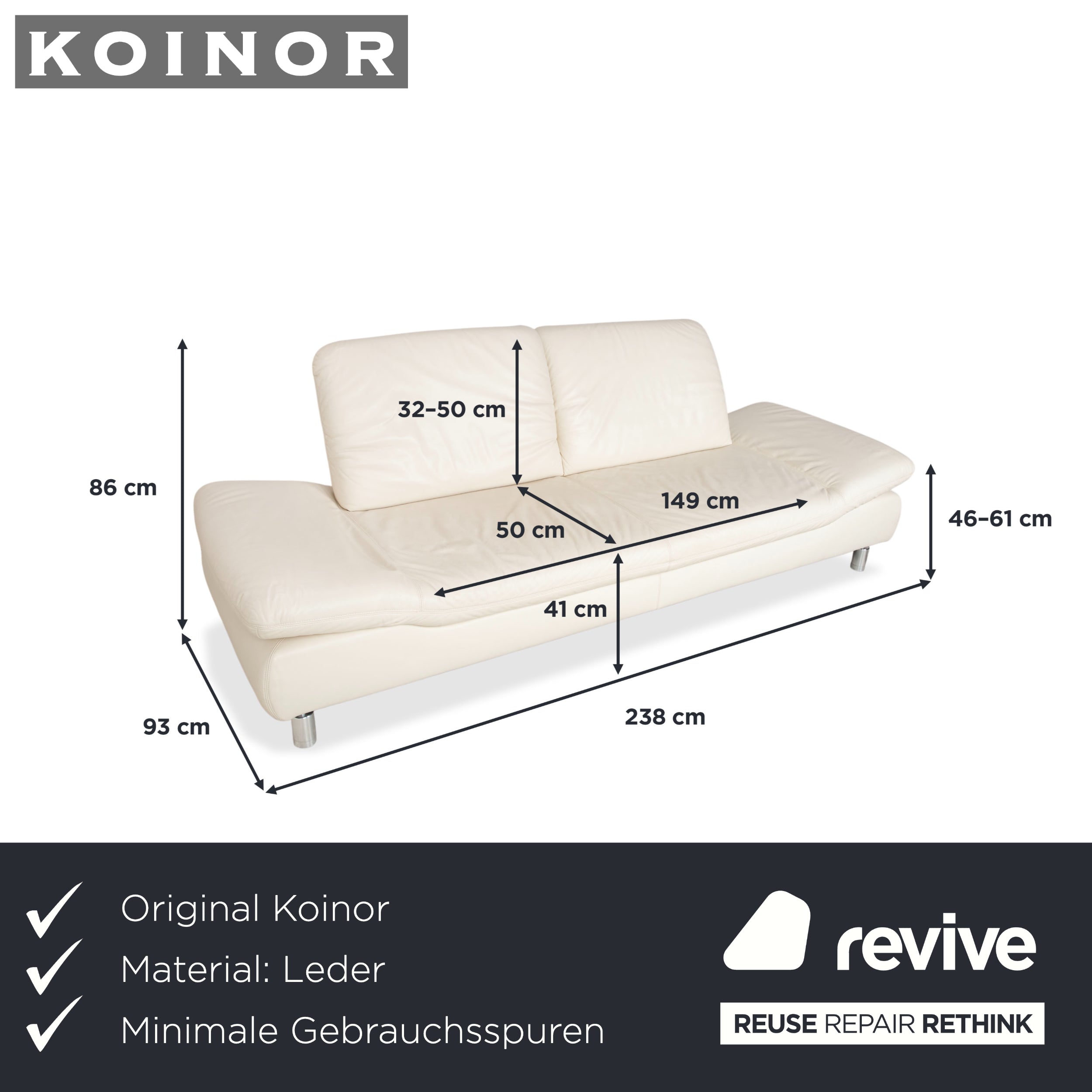 Koinor Rivoli Leather Three-Seater Cream White Manual Function Sofa Couch