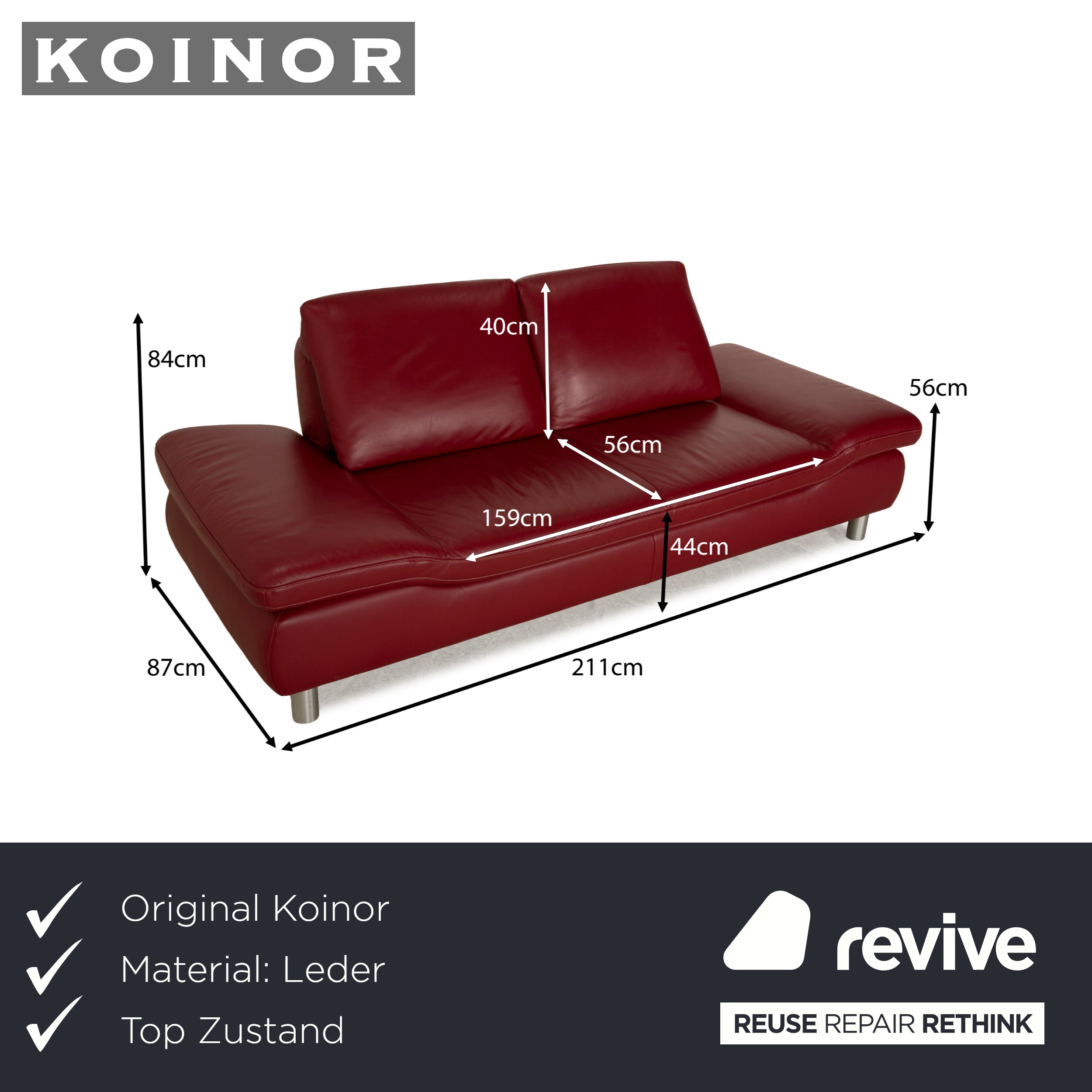 Koinor Rivoli leather three-seater wine red manual function sofa couch