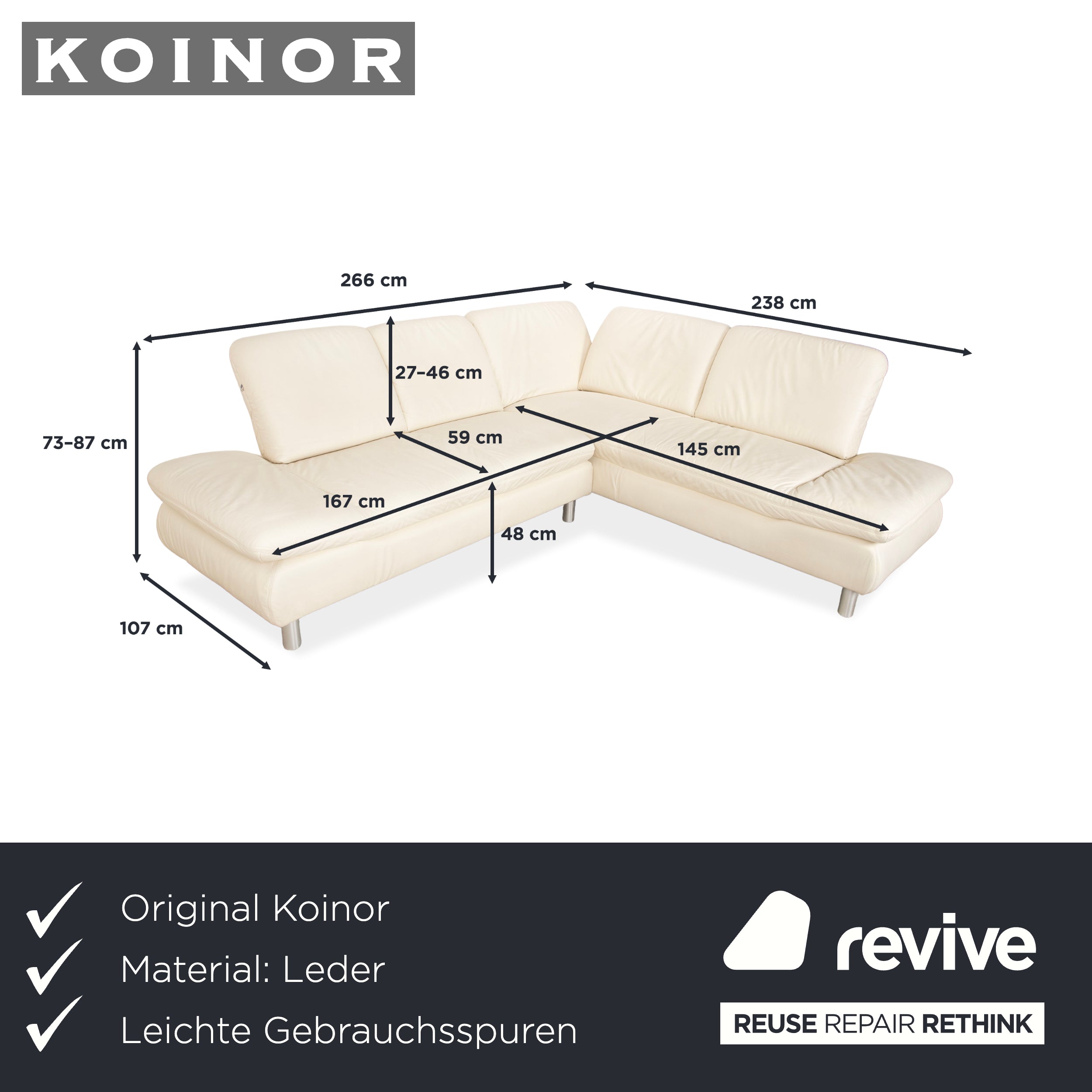 Koinor Rivoli canapé d'angle en cuir crème canapé fonction manuelle
