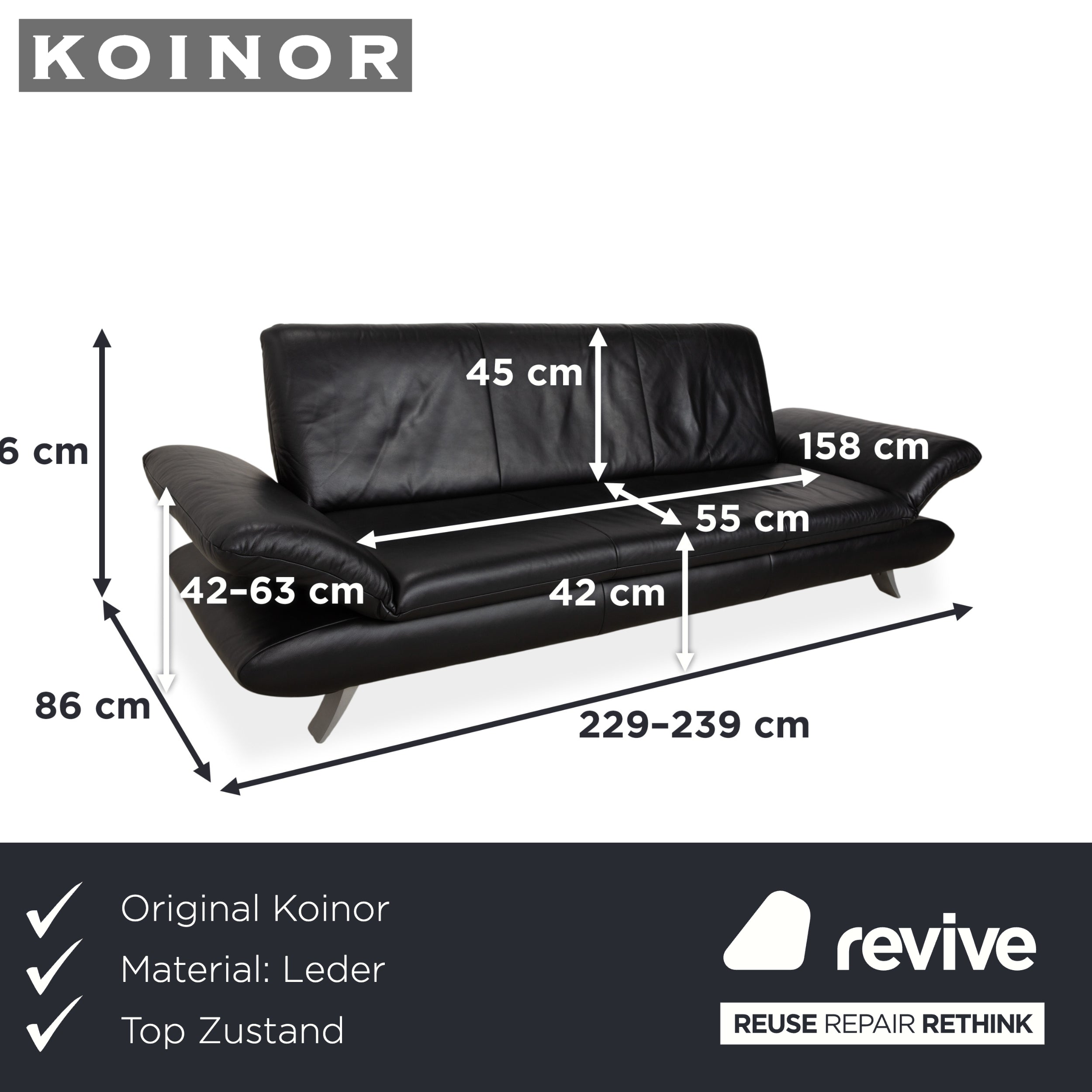 Koinor Rossini Dreisitzer Leder Sofa Dunkelblau manuelle Funktion Couch