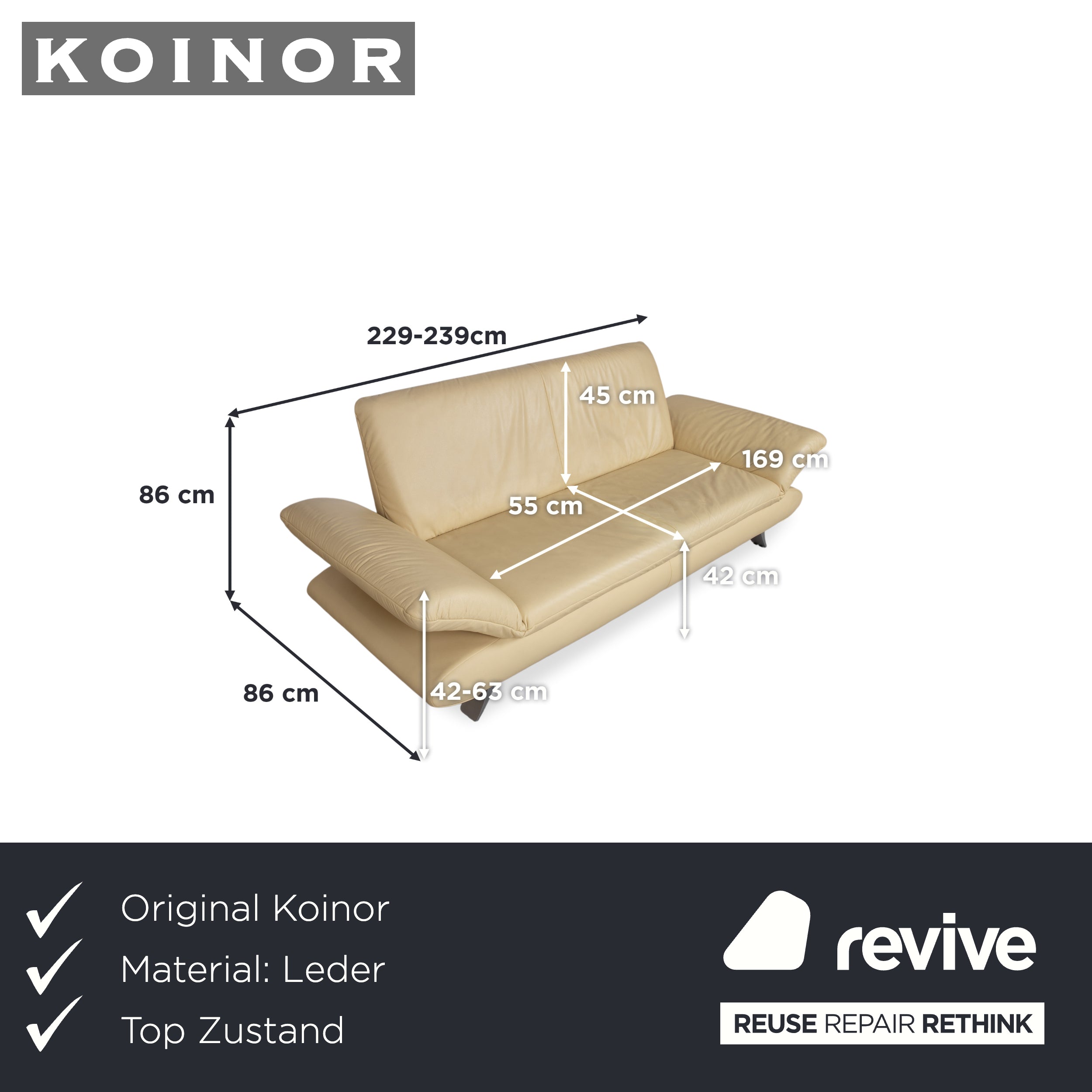 Koinor Rossini Three-Seater Leather Sofa Yellow Couch Manual Function