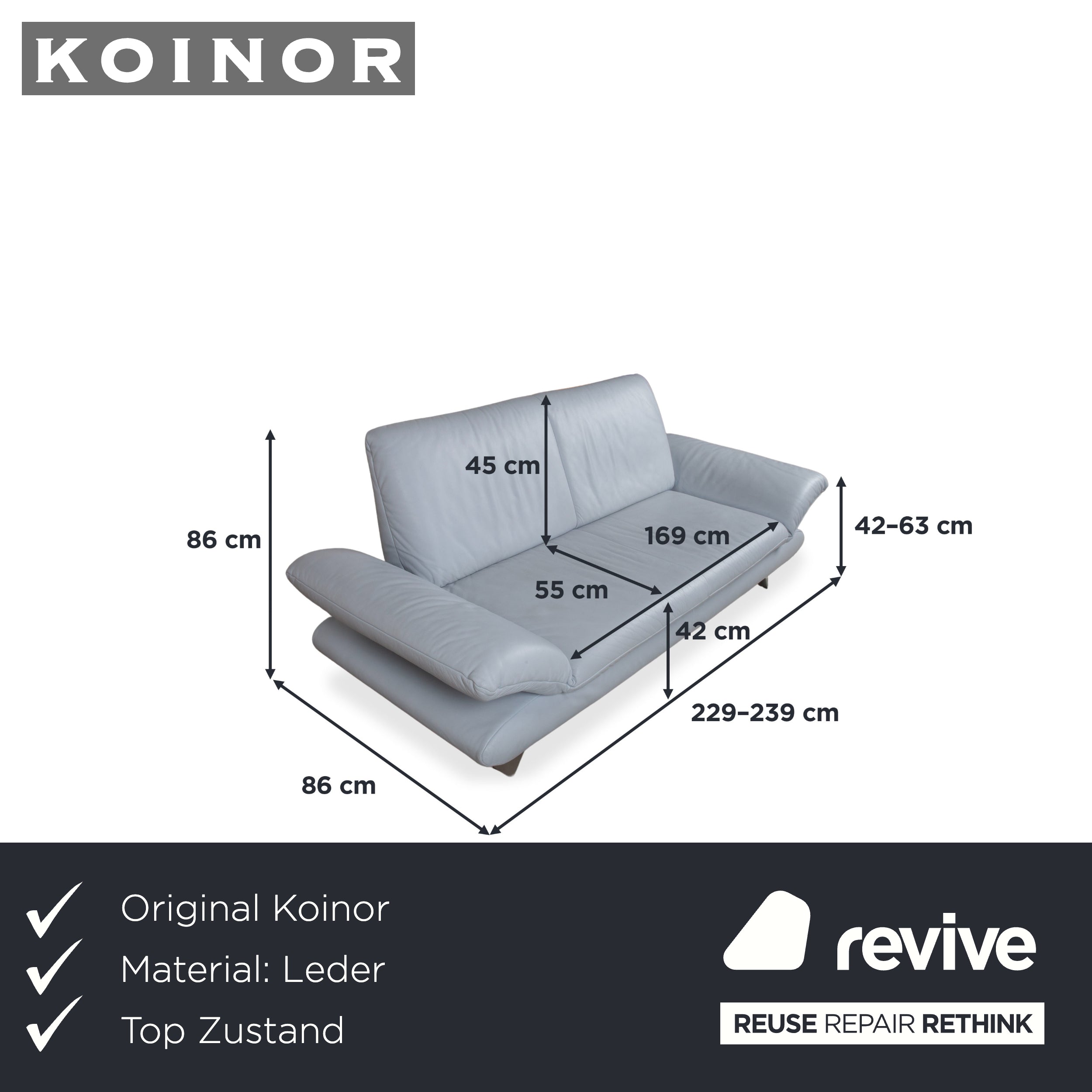 Koinor Rossini Leder Dreisitzer Blau Eisblau manuelle Funktion Sofa Couch