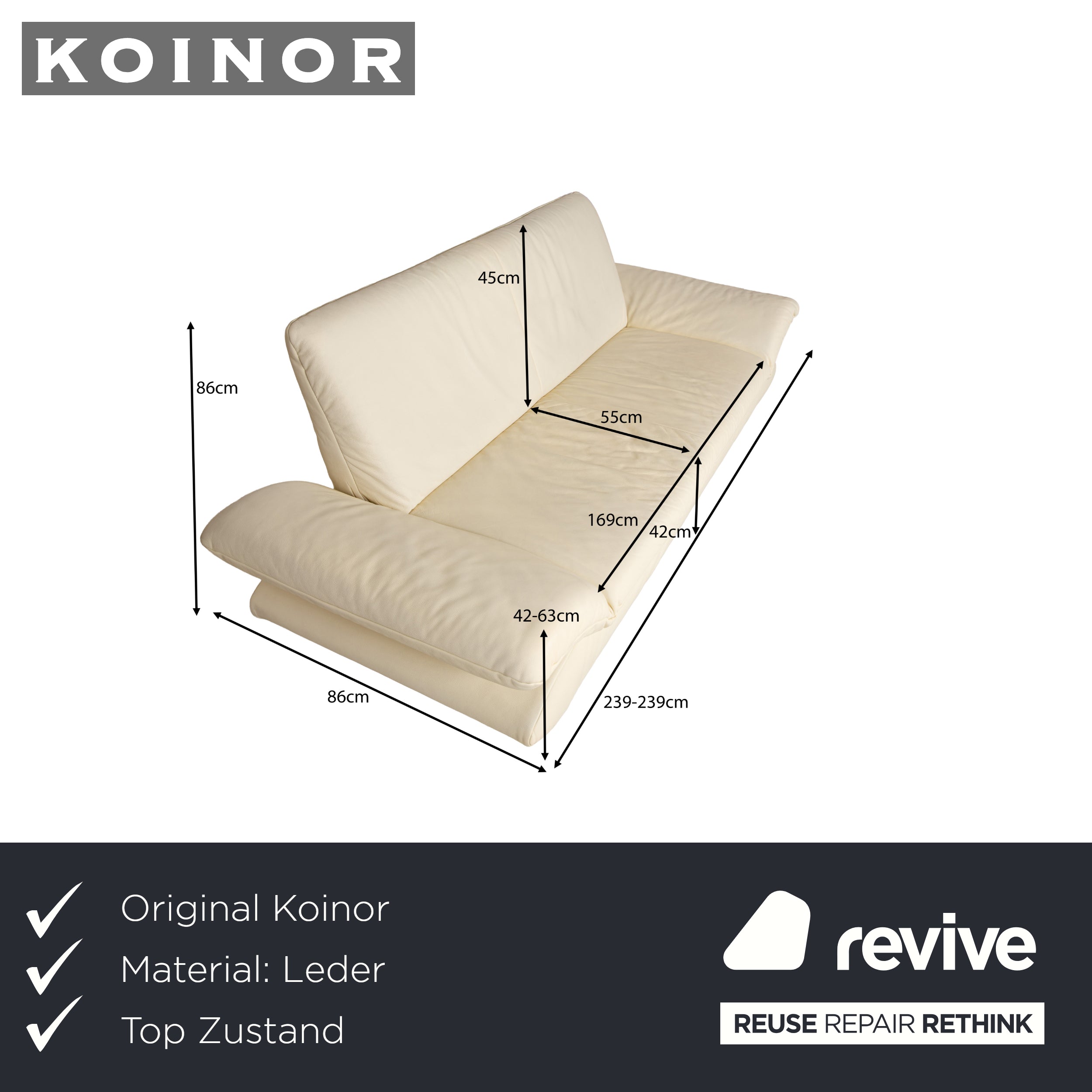 Koinor Rossini Canapé trois places en cuir crème à fonction manuelle
