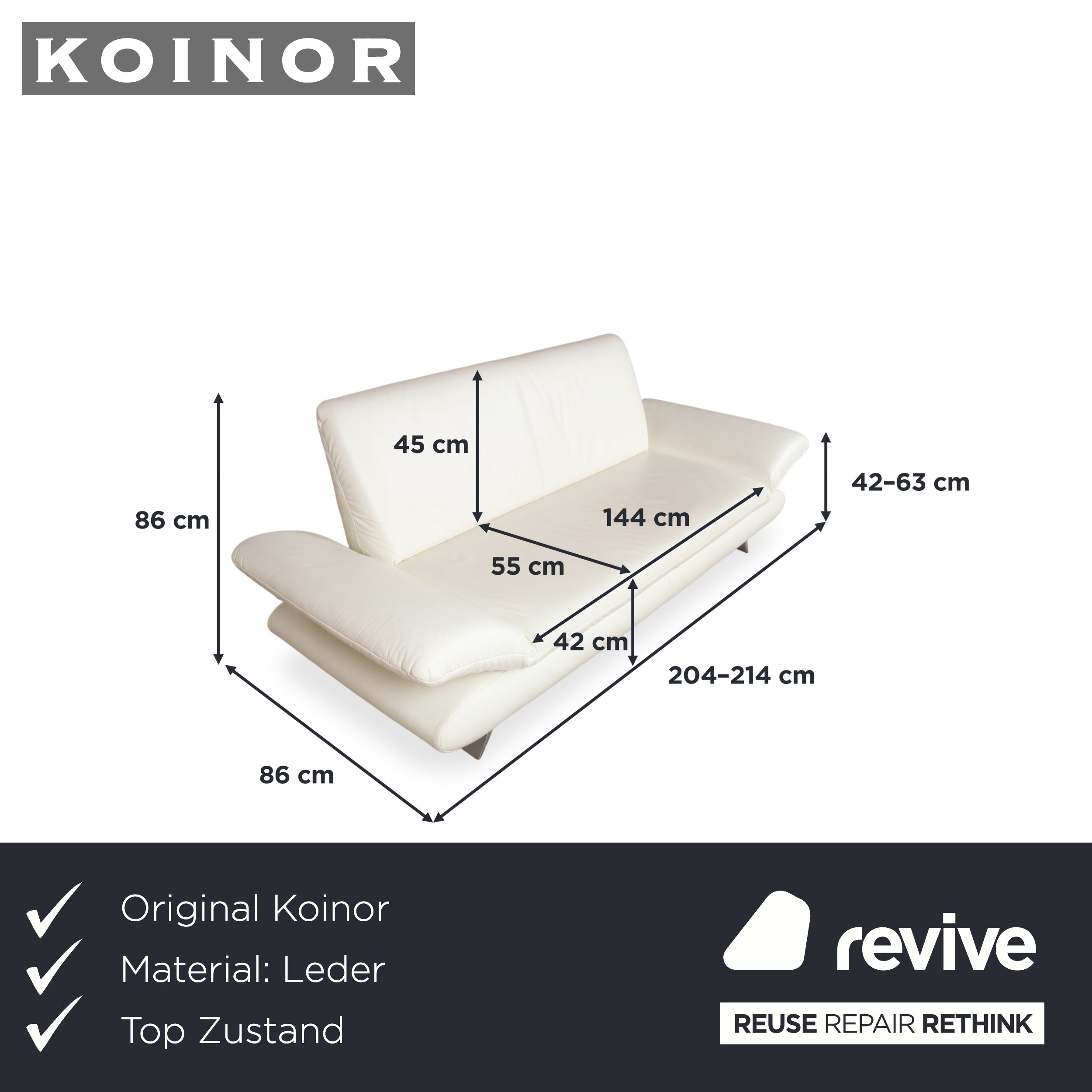 Koinor Rossini Leder Dreisitzer Creme Weiß manuelle Funktion Sofa Couch