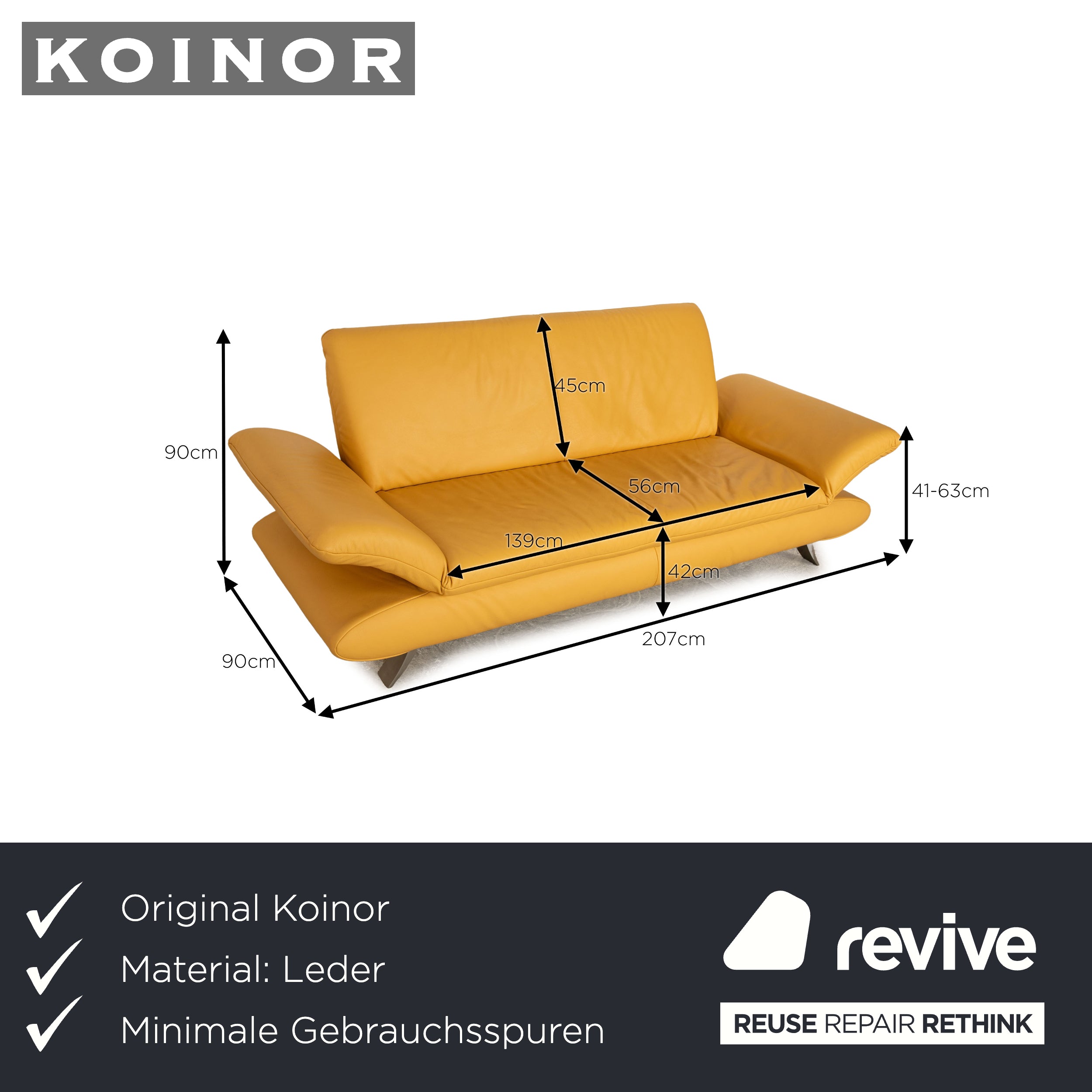 Koinor Rossini Leder Dreisitzer Gelb manuelle Funktion Sofa Couch