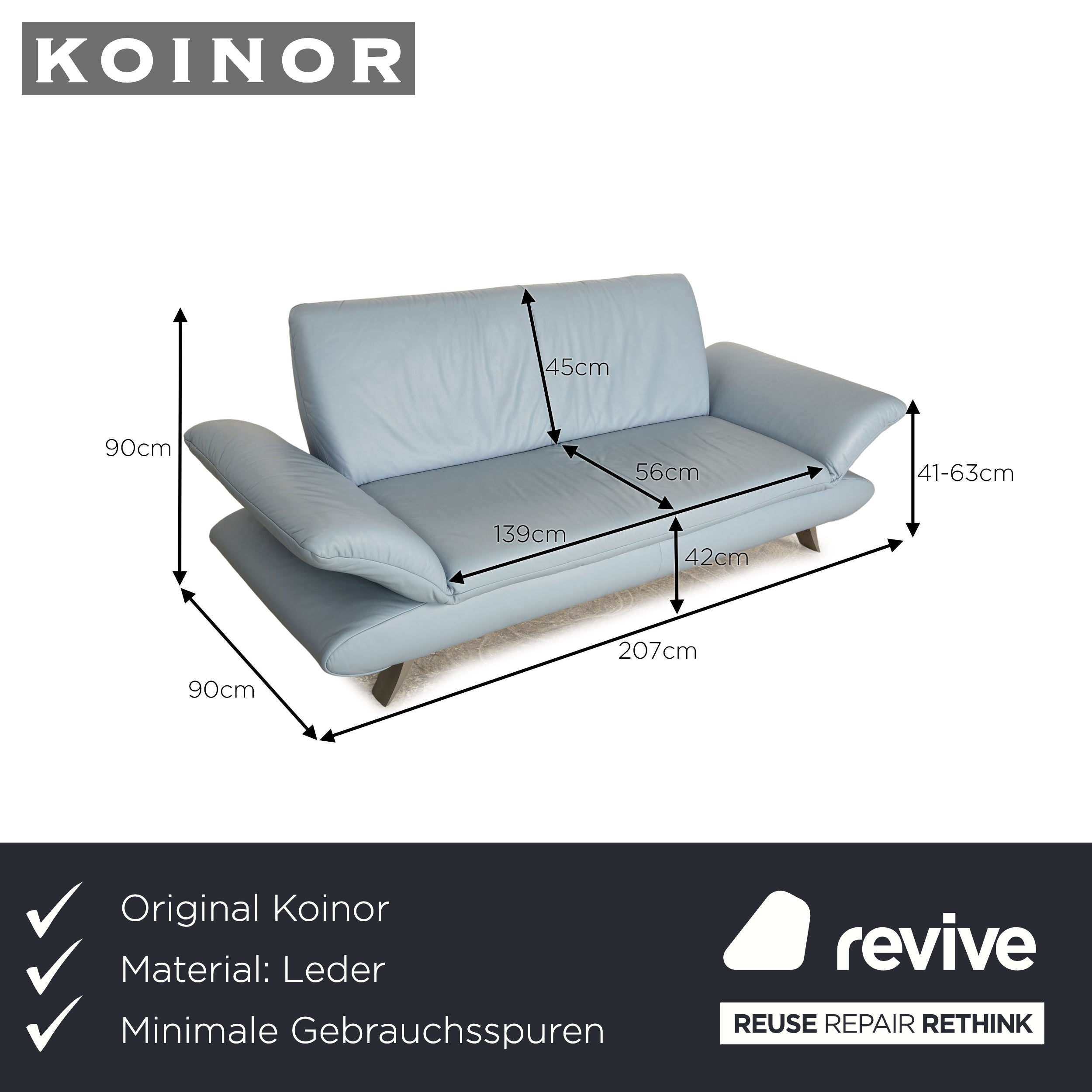 Koinor Rossini Canapé trois places en cuir bleu clair bleu à fonction manuelle