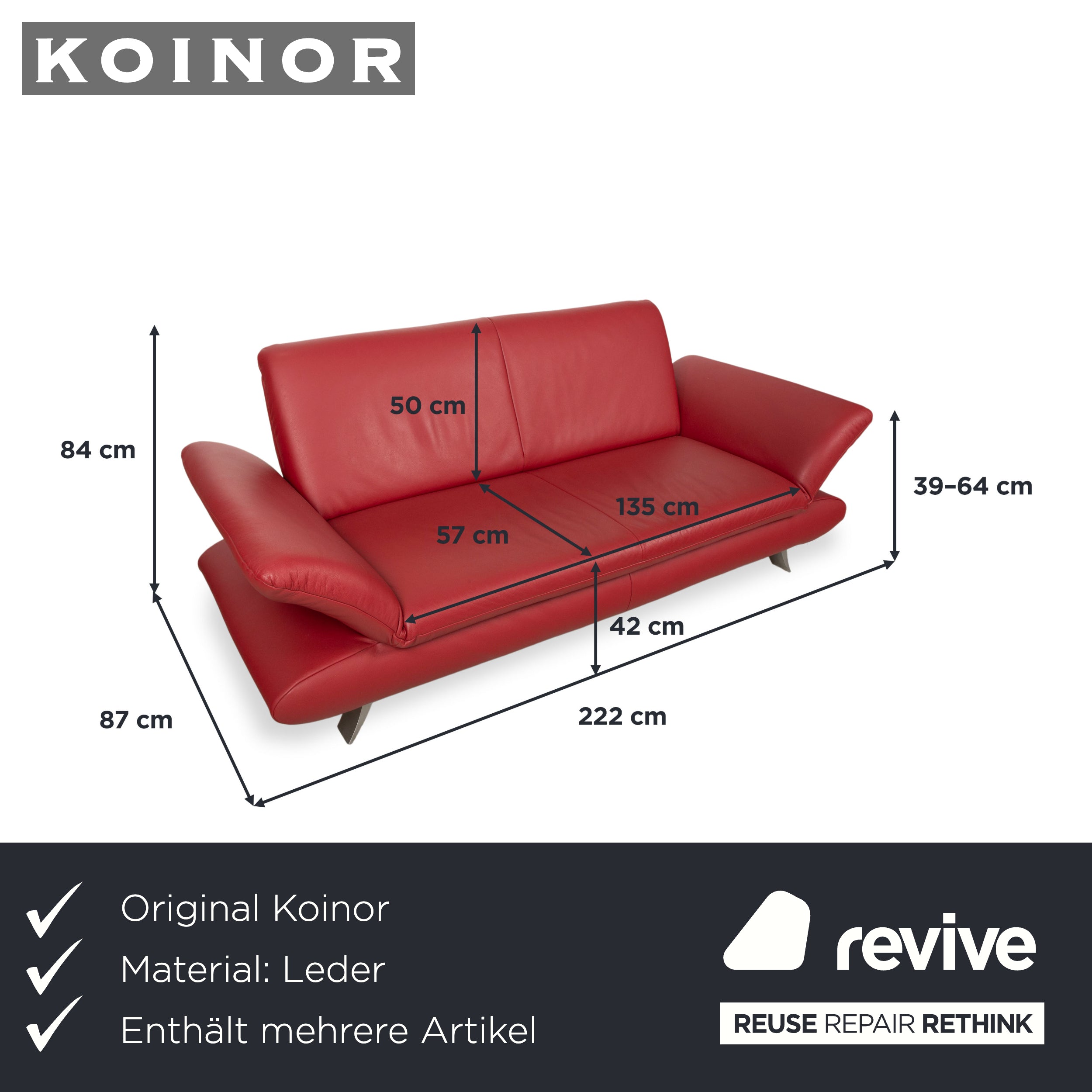 Koinor Rossini Leder Dreisitzer Zweisitzer Rot manuelle Funktion Sofa Couch