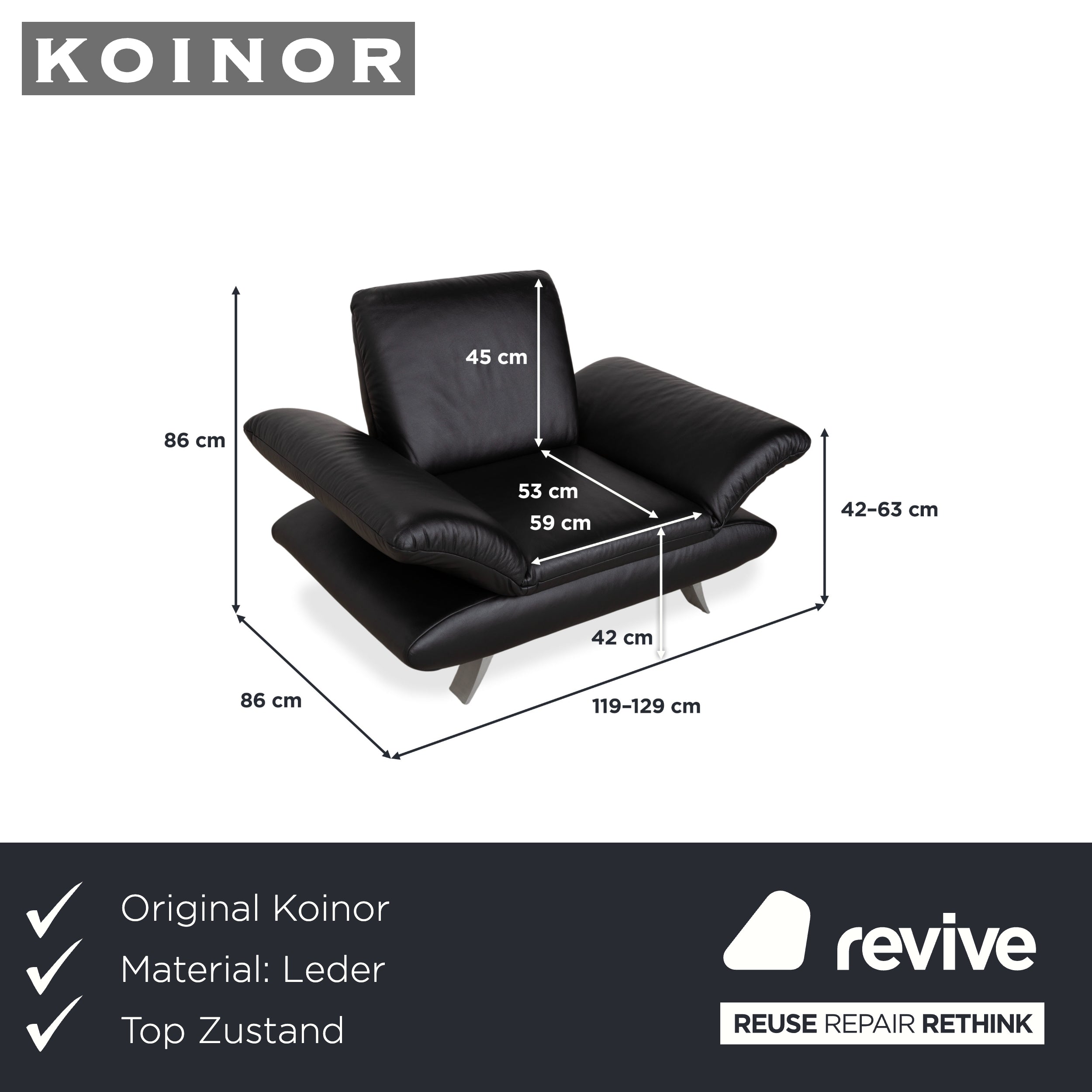 Koinor Rossini Black Leather Armchair Manual Function