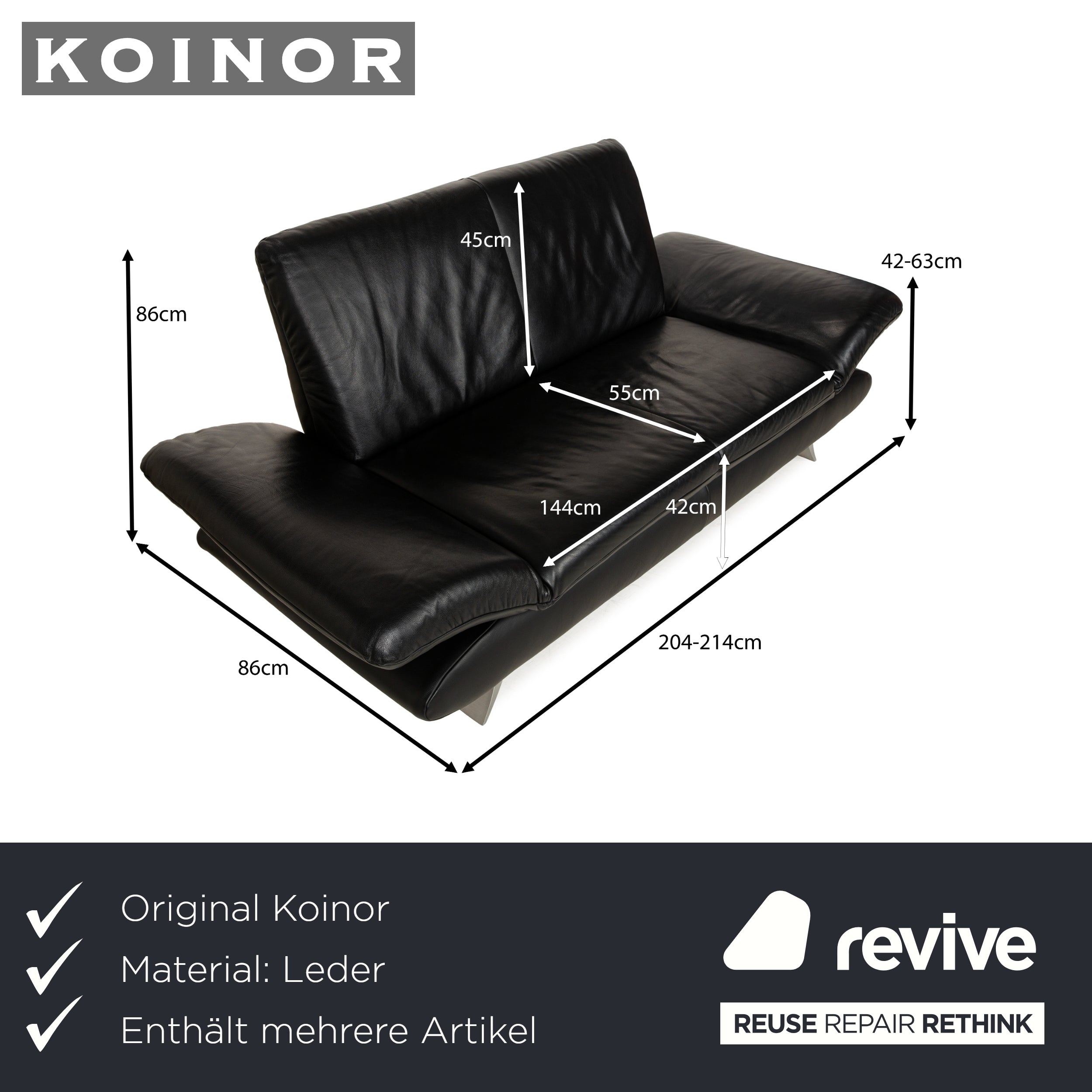 Koinor Rossini Leather Sofa Set Black Two-Seater Couch Function