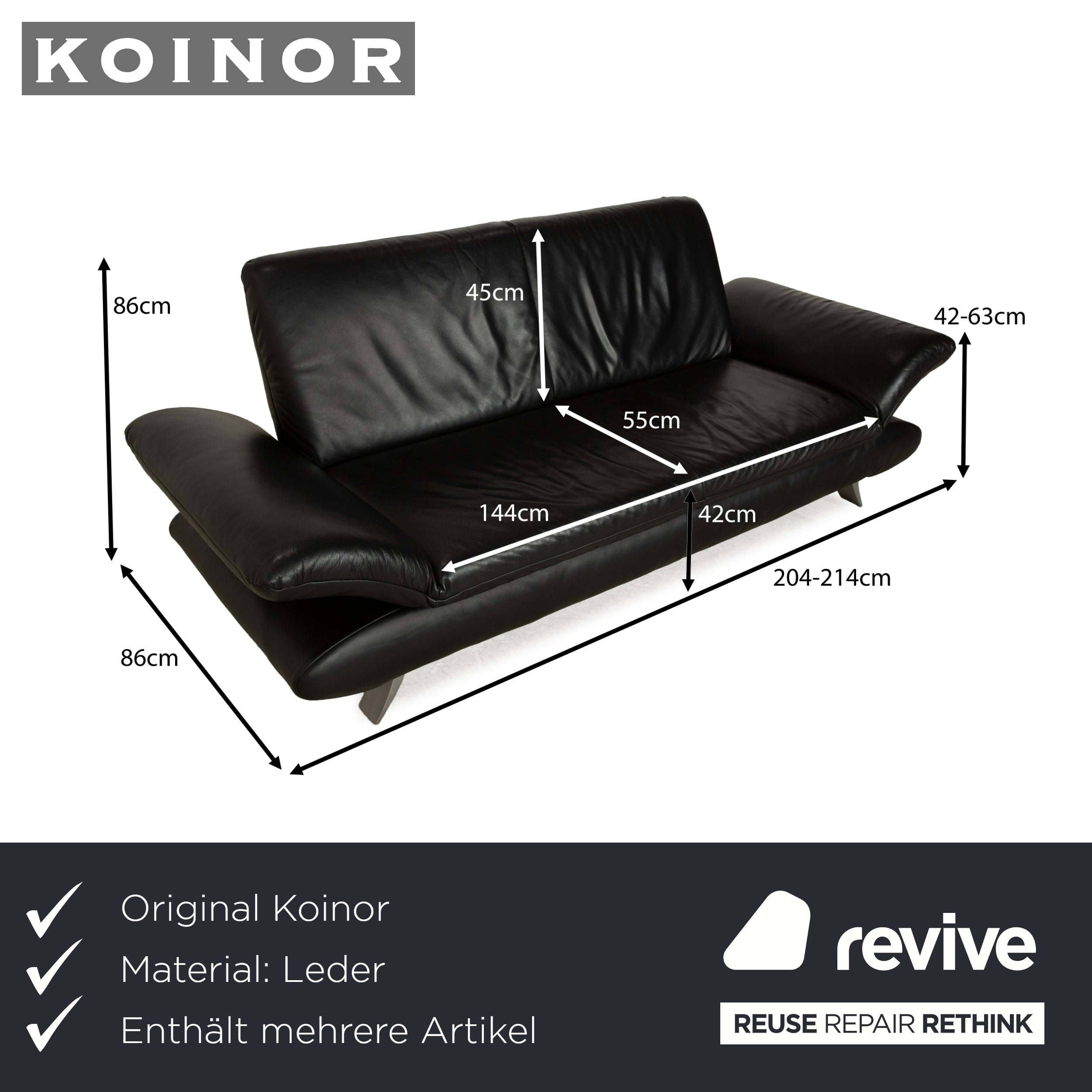 Koinor Rossini Leather Sofa Set Black Two-Seater Couch Function