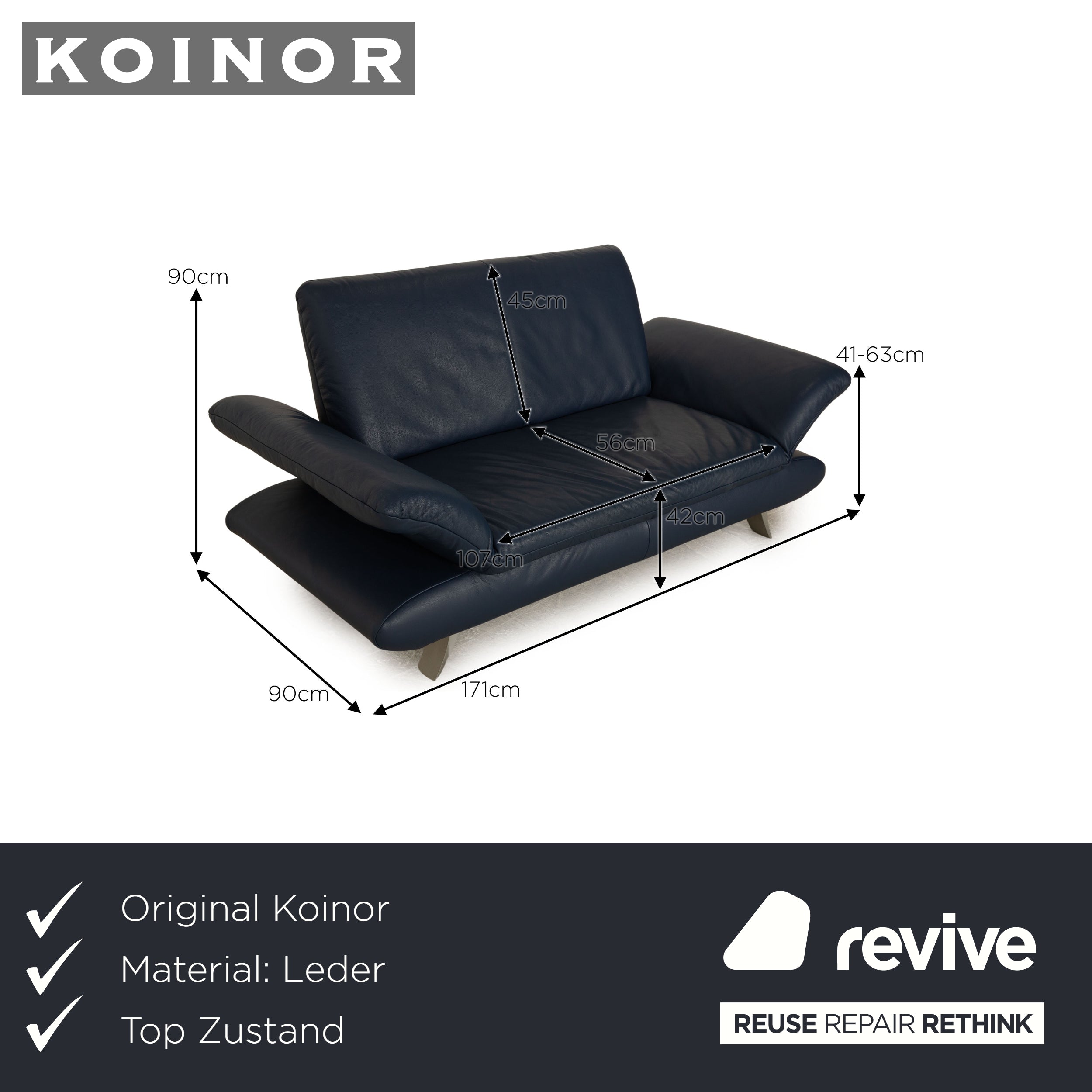 Koinor Rossini Leder Zweisitzer Blau manuelle Funktion Sofa Couch