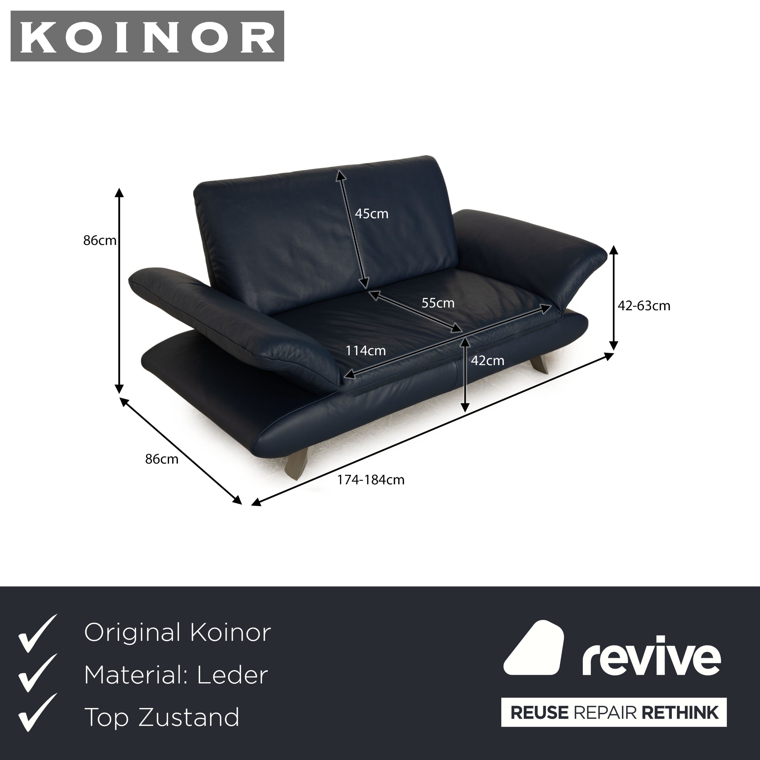 Koinor Rossini Canapé deux places en cuir bleu à fonction manuelle