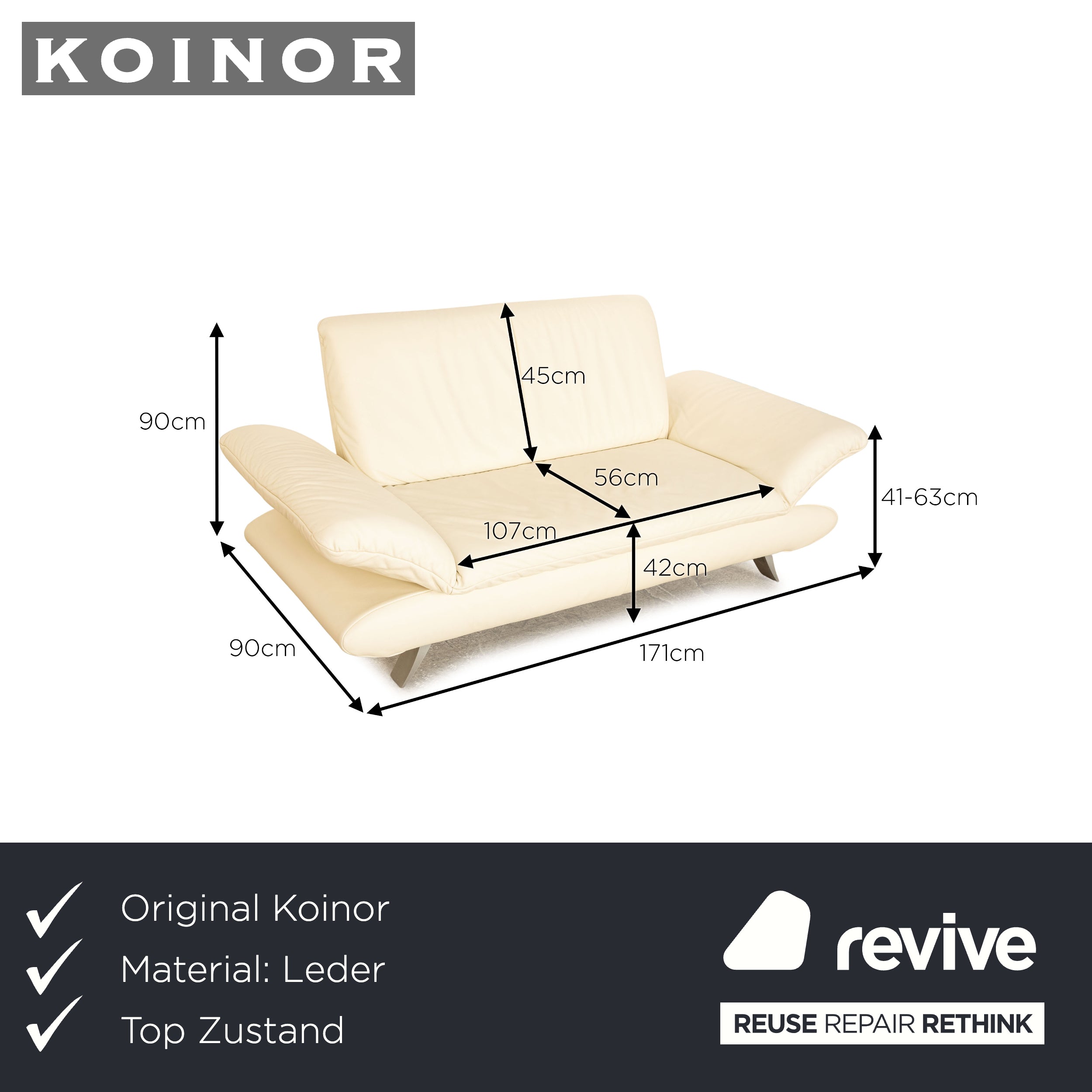 Koinor Rossini leather loveseat cream manual function sofa couch