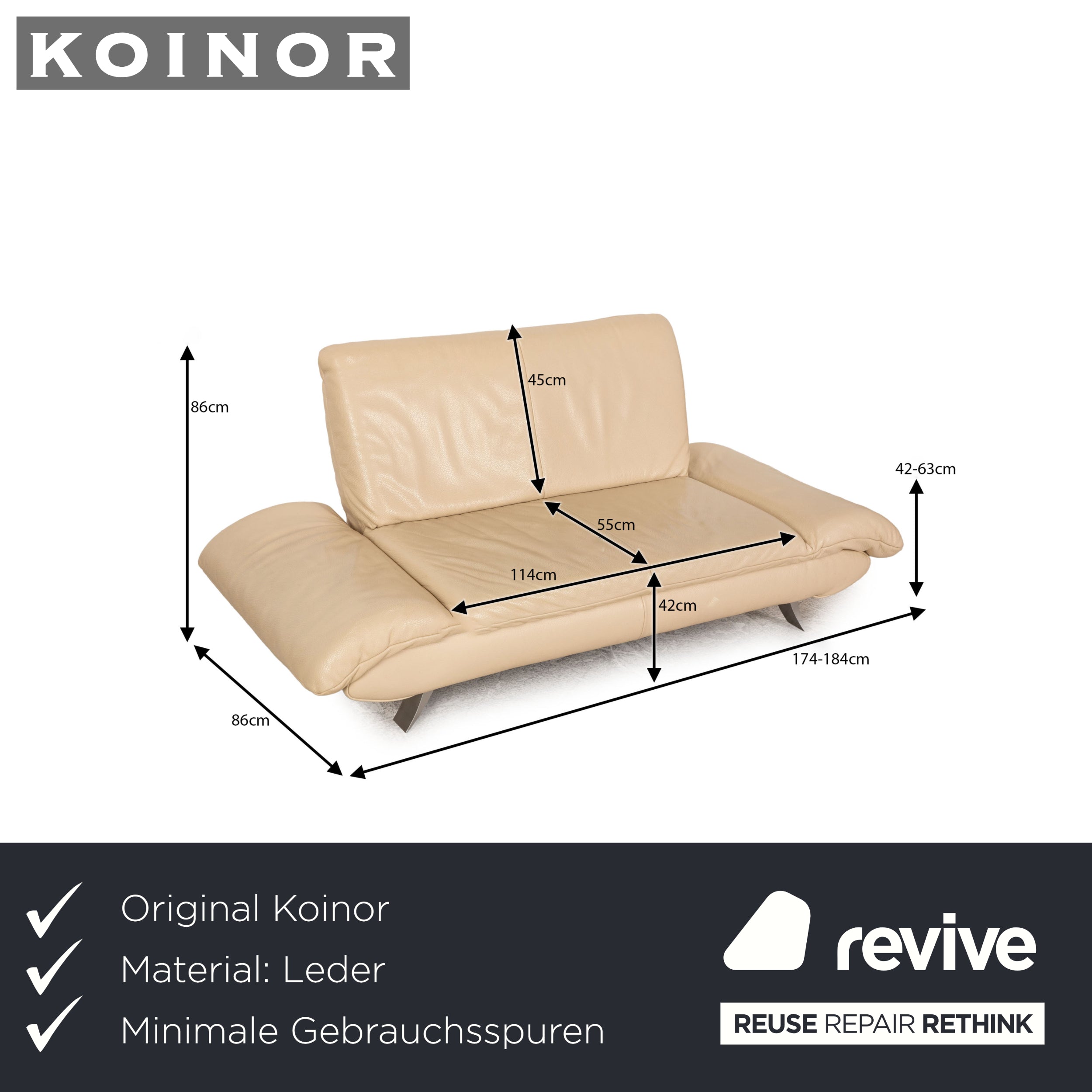 Koinor Rossini Canapé 2 Places en Cuir Crème Fonction Canapé