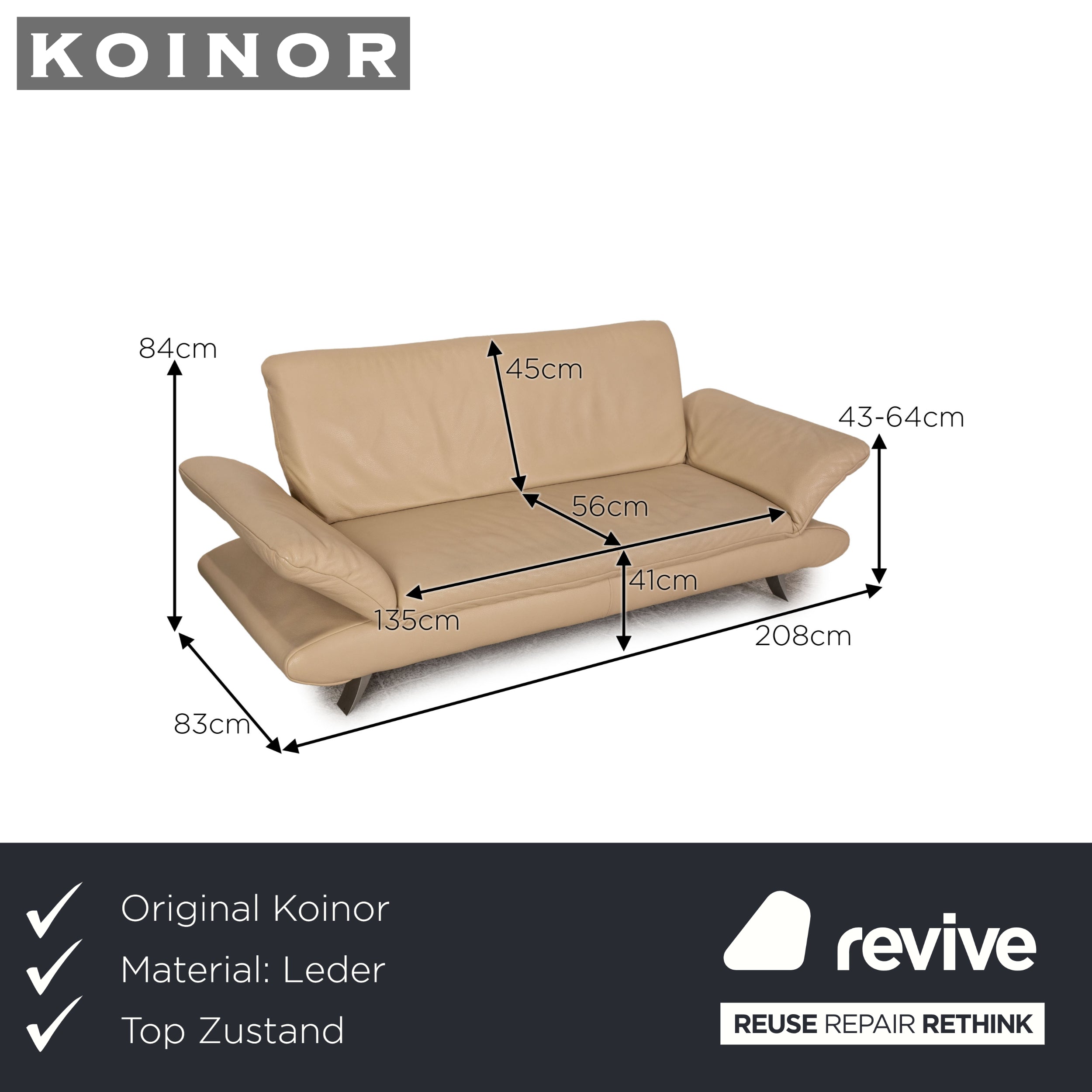 Koinor Rossini Leather Two Seater Cream Sofa Couch Function