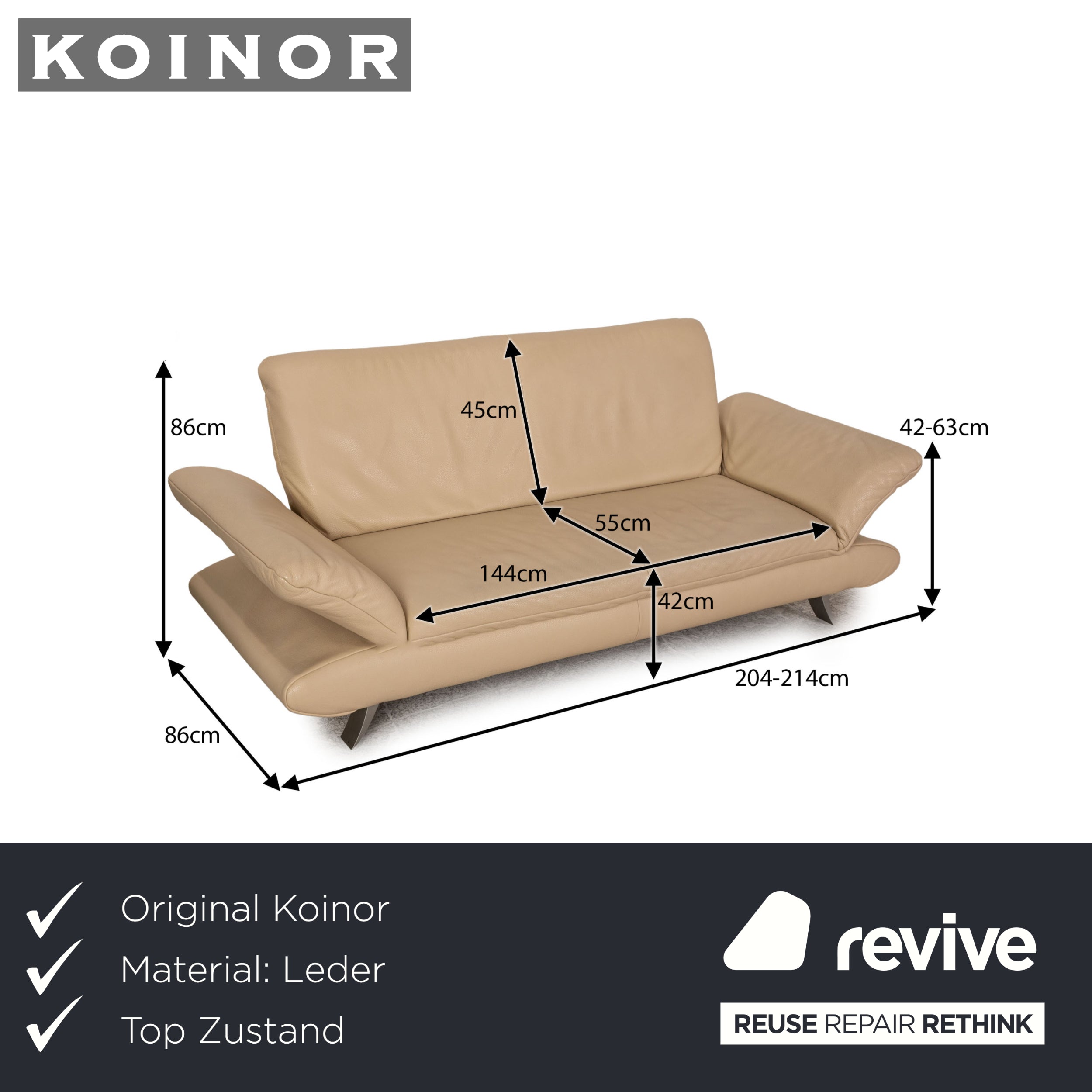 Koinor Rossini Canapé 2 Places en Cuir Crème Fonction Canapé