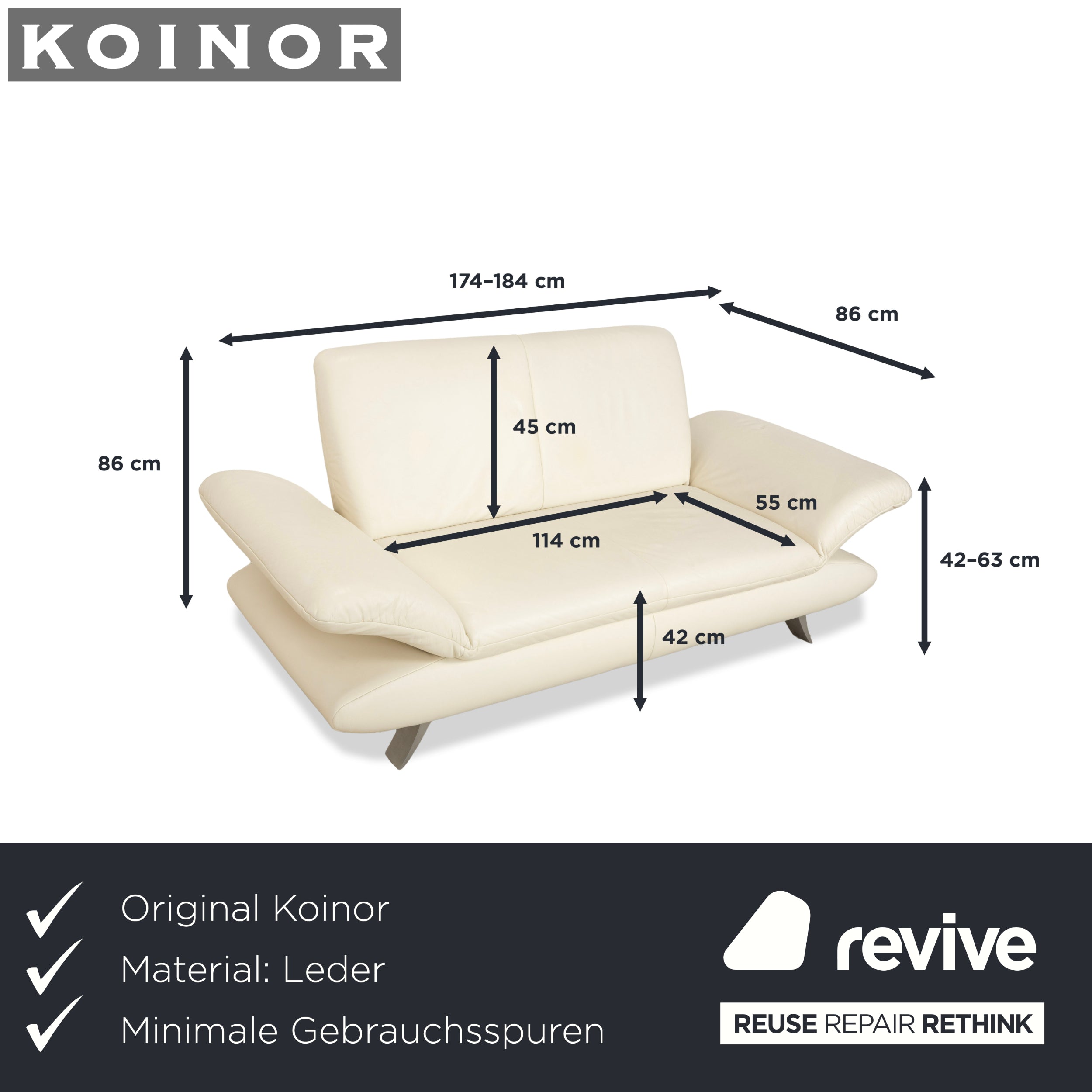 Koinor Rossini Leder Zweisitzer Creme Weiß Sofa Couch manuelle Funktion