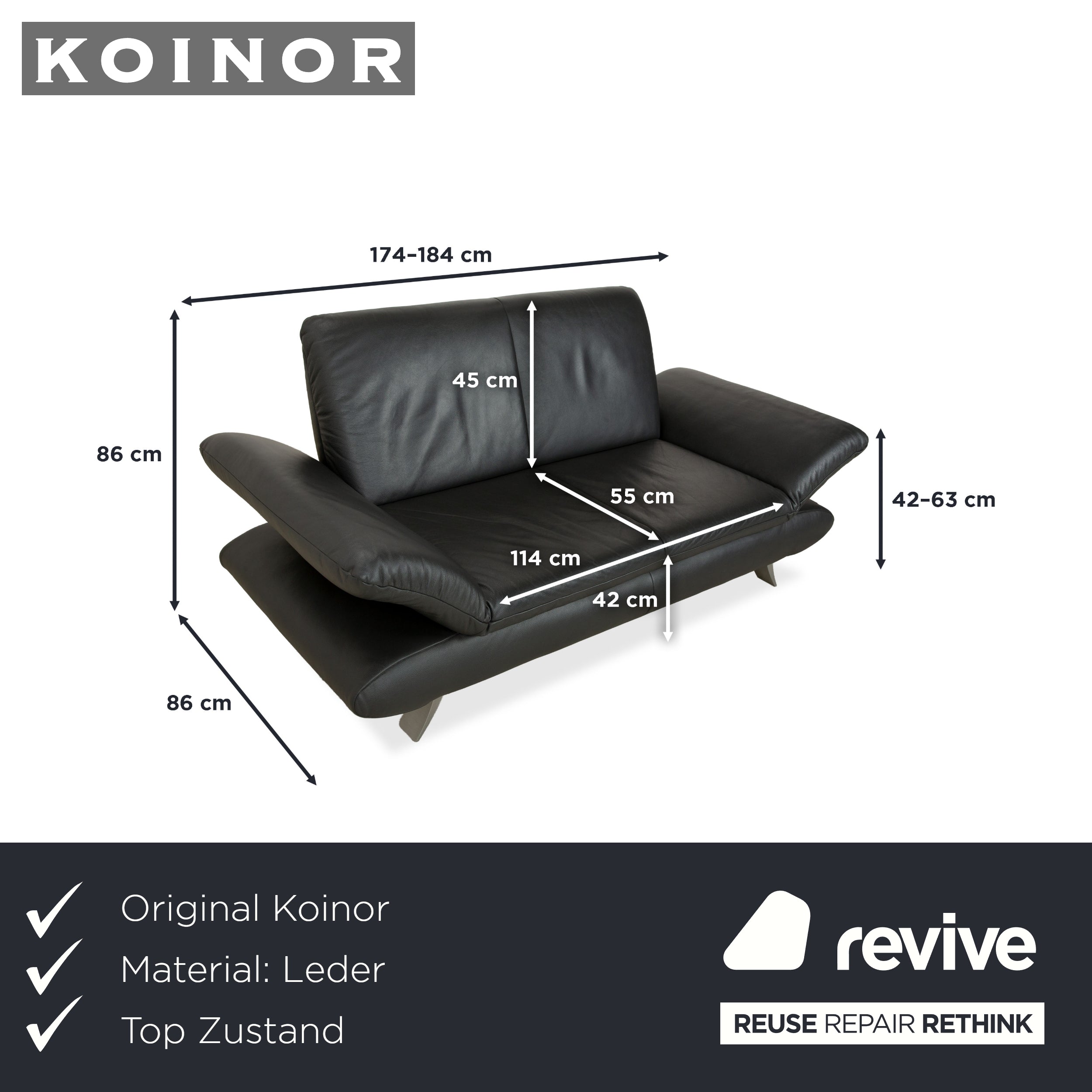 Canapé deux places en cuir gris foncé Koinor Rossini à fonction manuelle