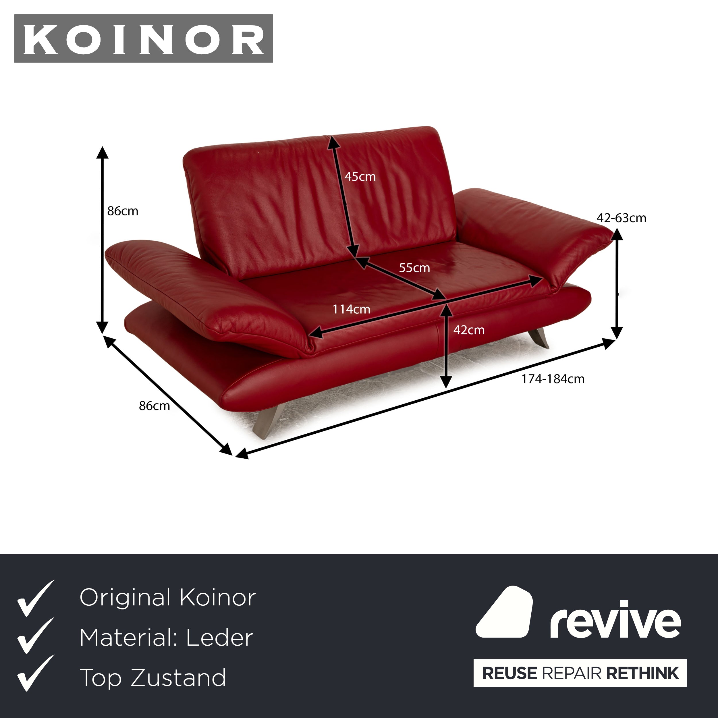 Koinor Rossini cuir biplace rouge fonction manuelle