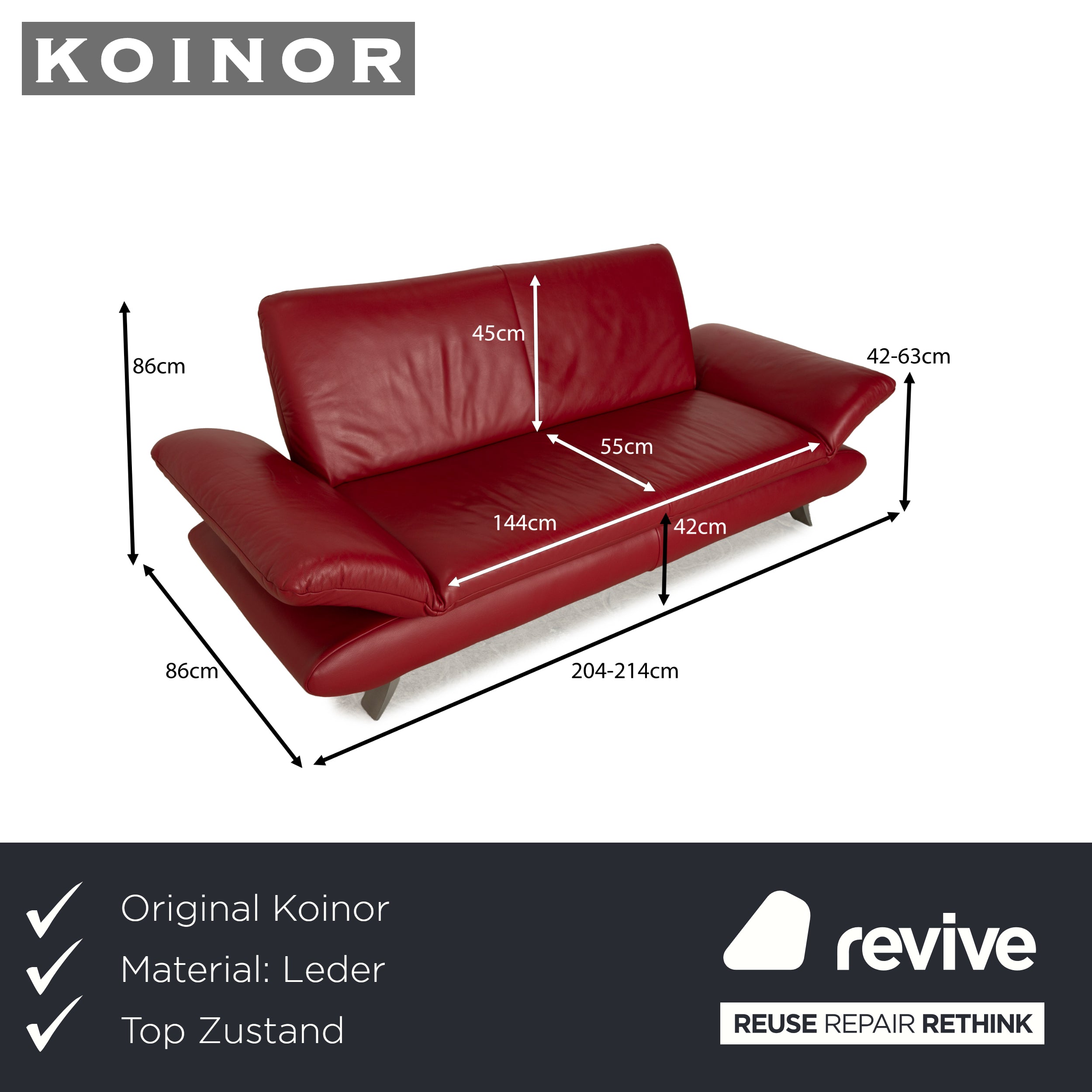 Koinor Rossini Leather Two Seater Red Sofa Couch Manual Function