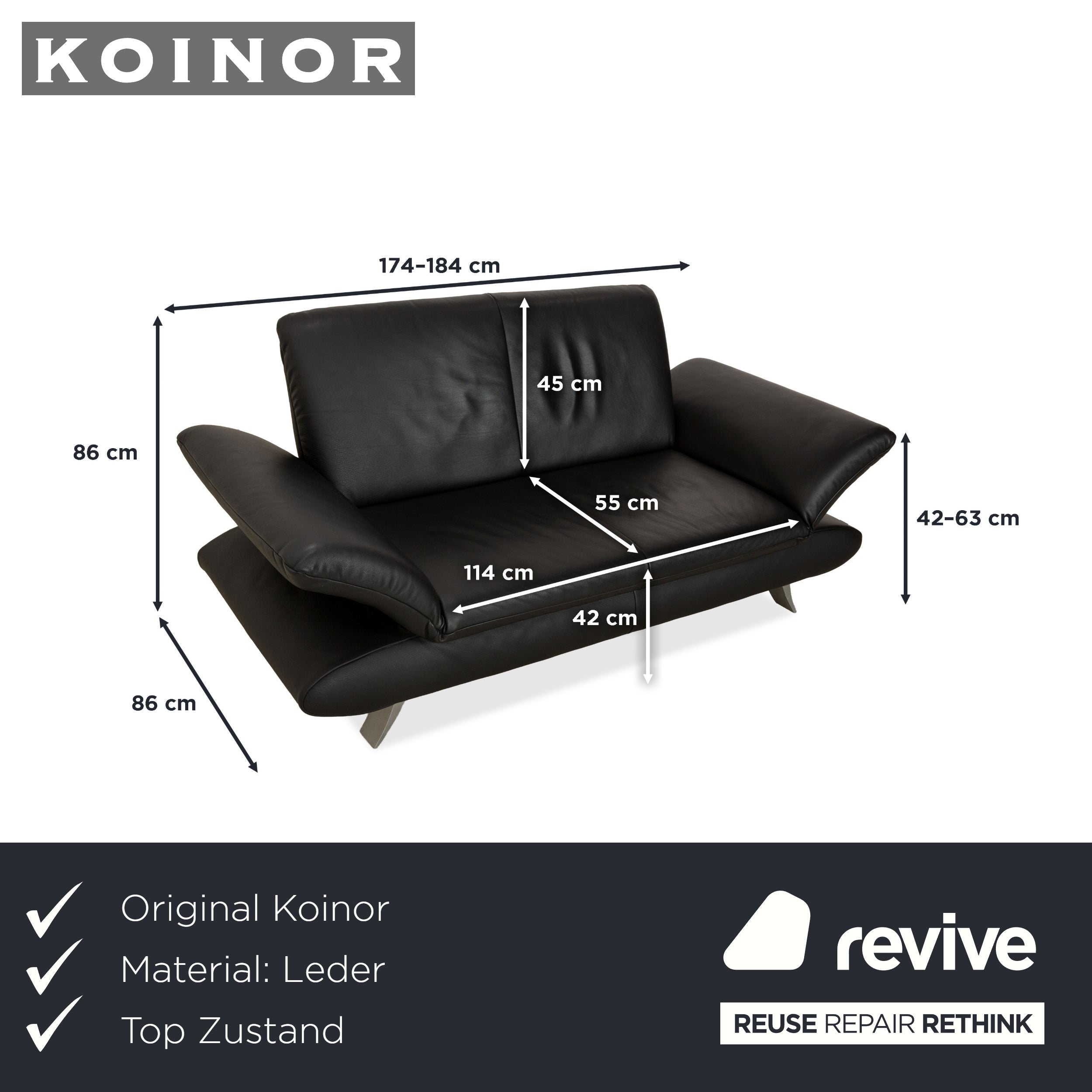Koinor Rossini Leder Zweisitzer Schwarz manuelle Funktion Sofa Couch