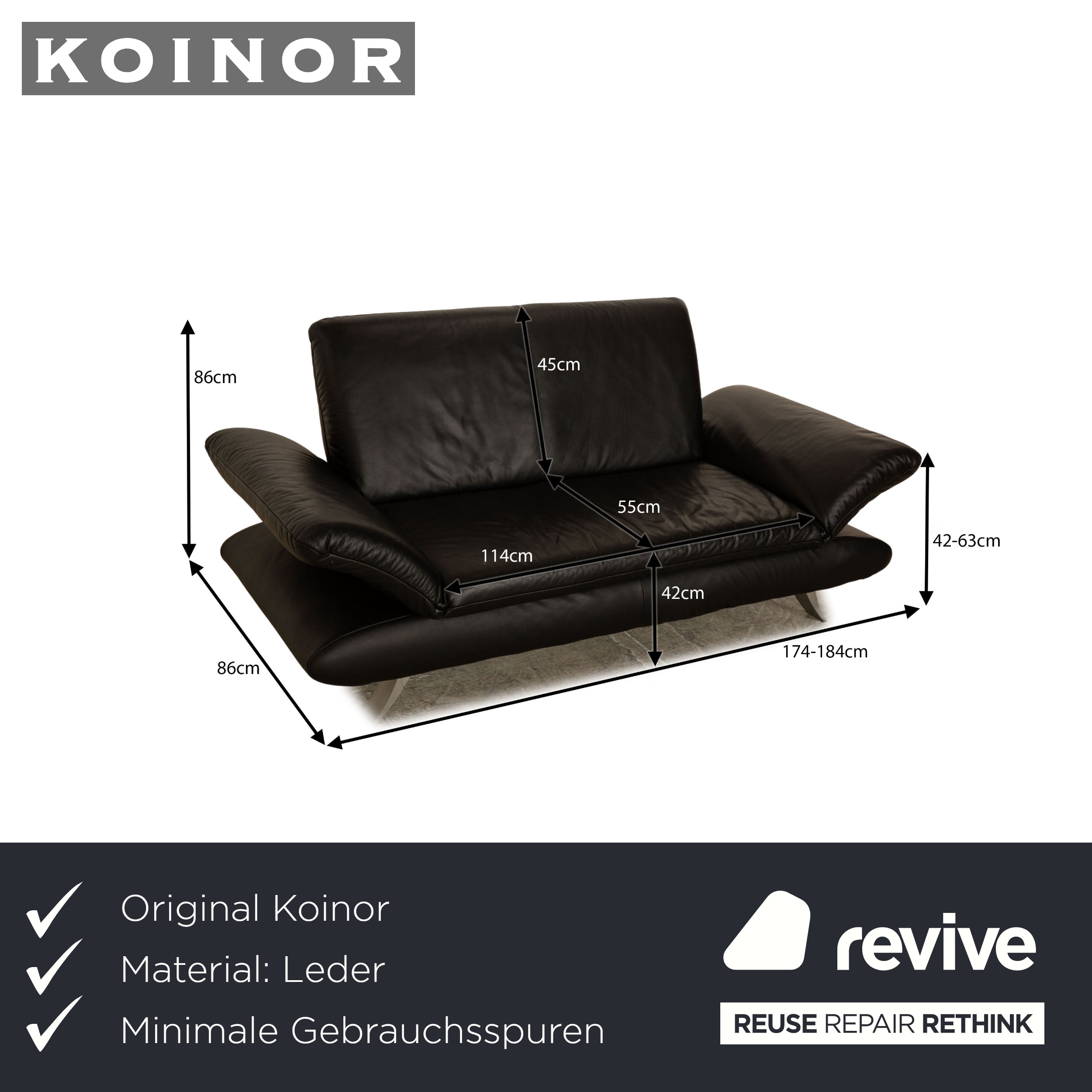 Koinor Rossini Canapé deux places en cuir noir à fonction manuelle