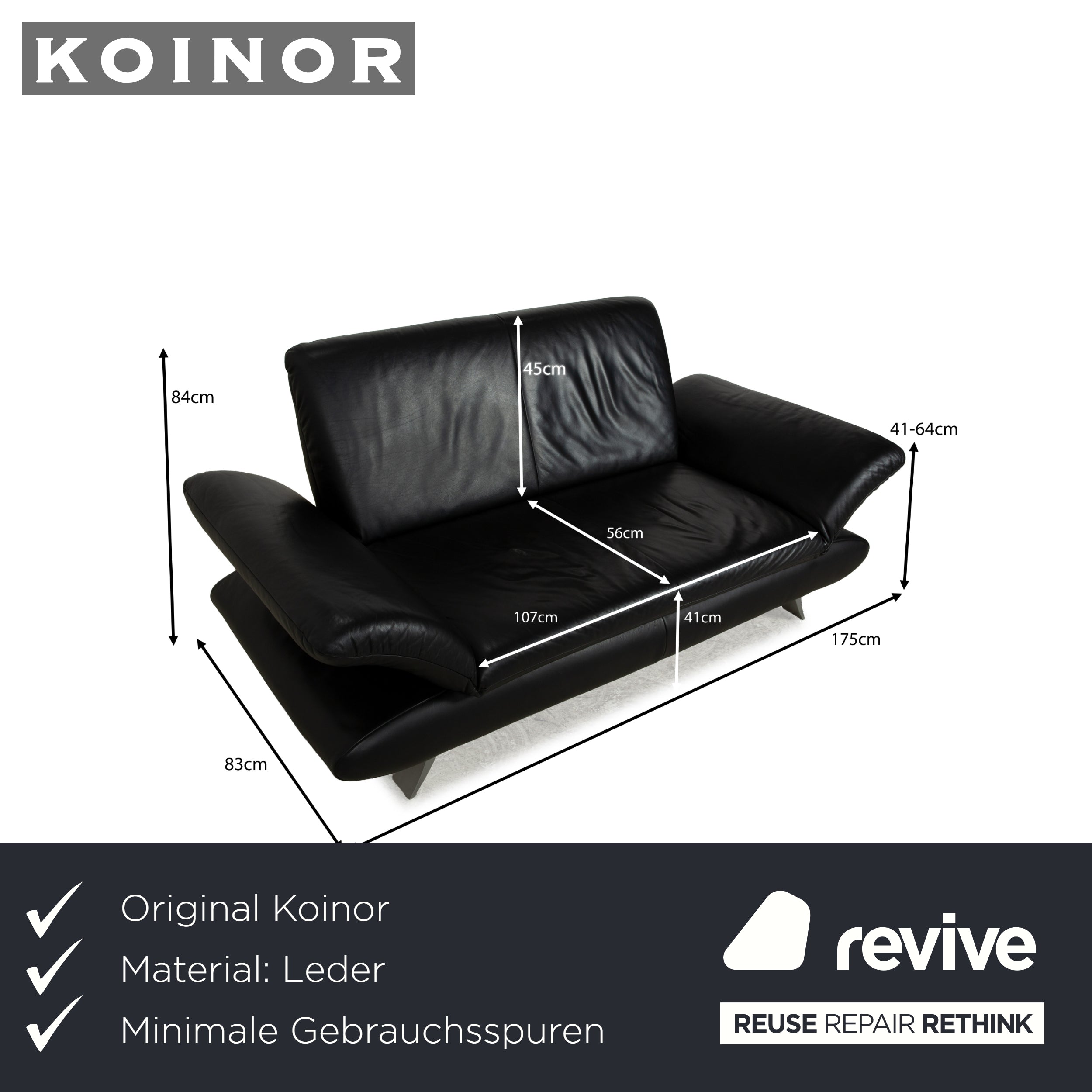 Koinor Rossini Leather Two Seater Black Manual Function Sofa Couch