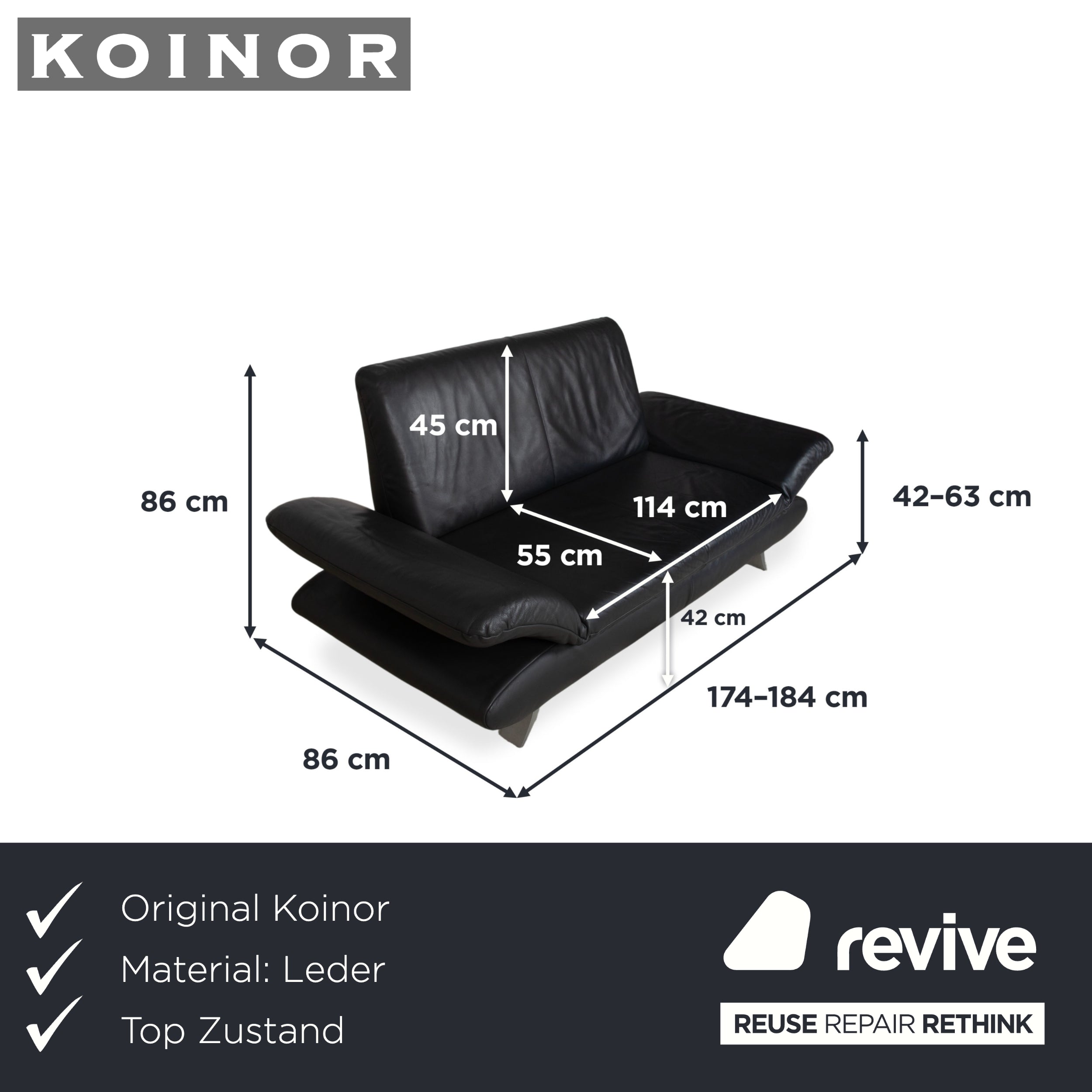 Koinor Rossini Leder Zweisitzer Schwarz Sofa Couch