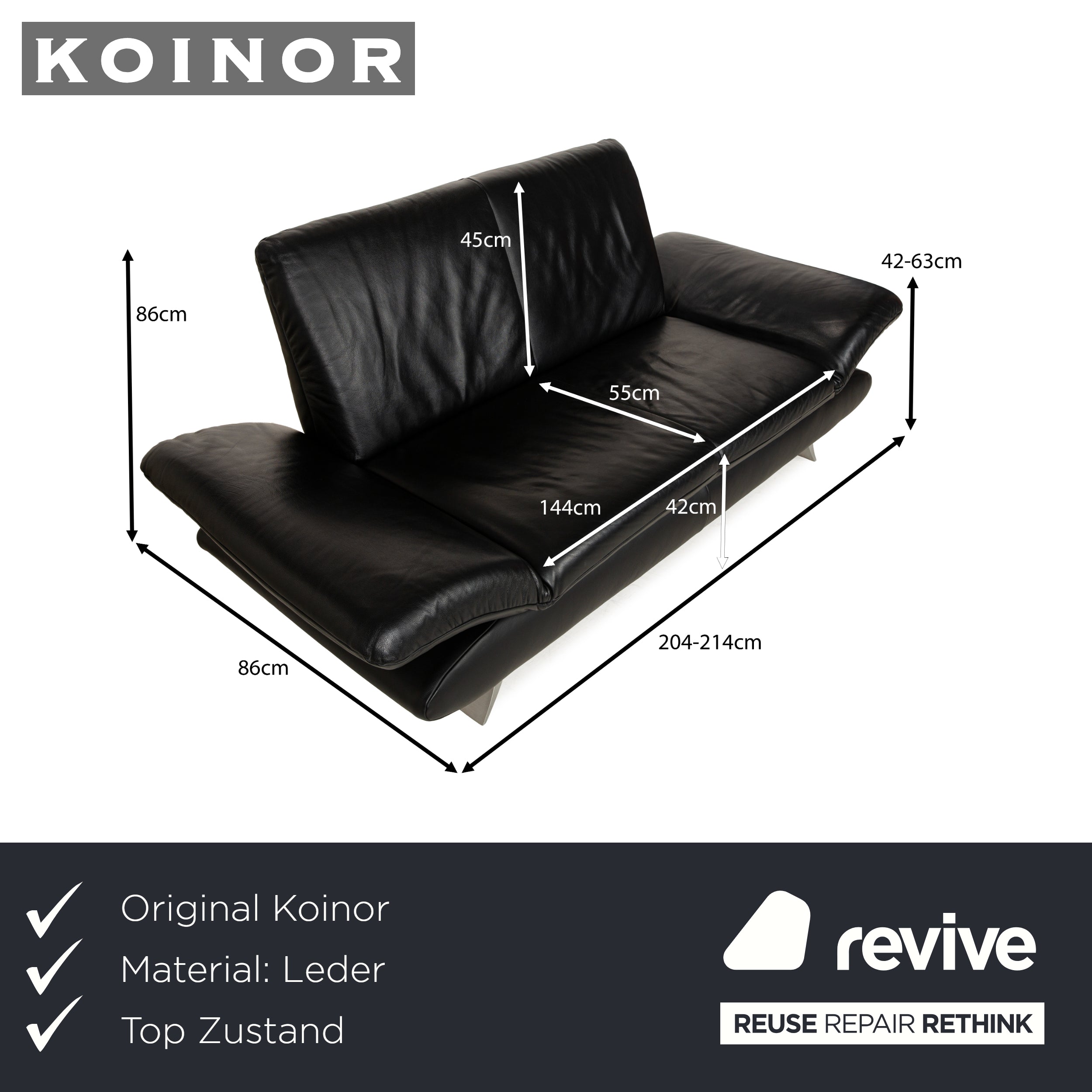 Koinor Rossini Leather Two Seater Black Sofa Couch Manual Function