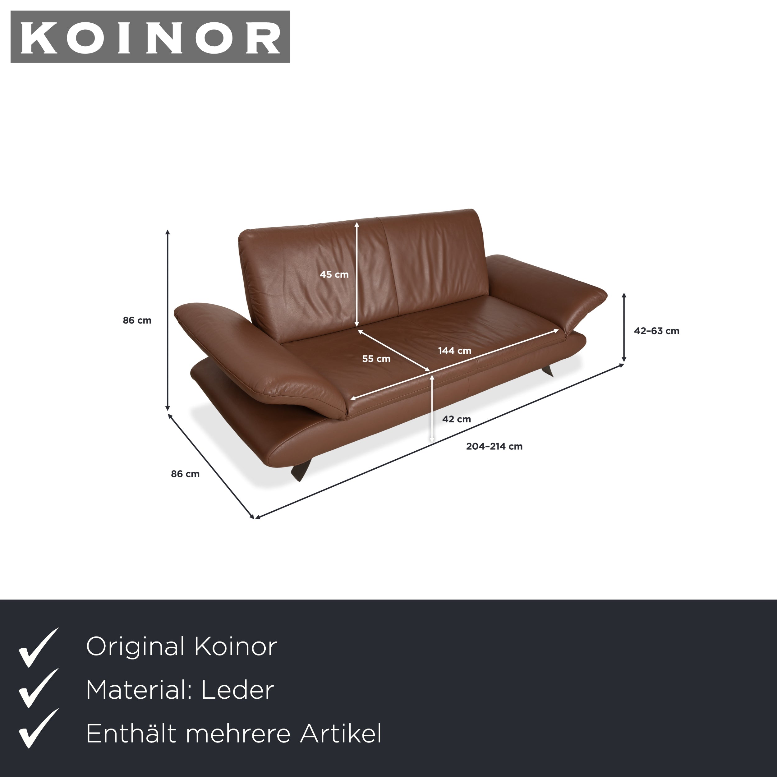 Fauteuil deux places en cuir marron Koinor Rossini, canapé à réglage manuel