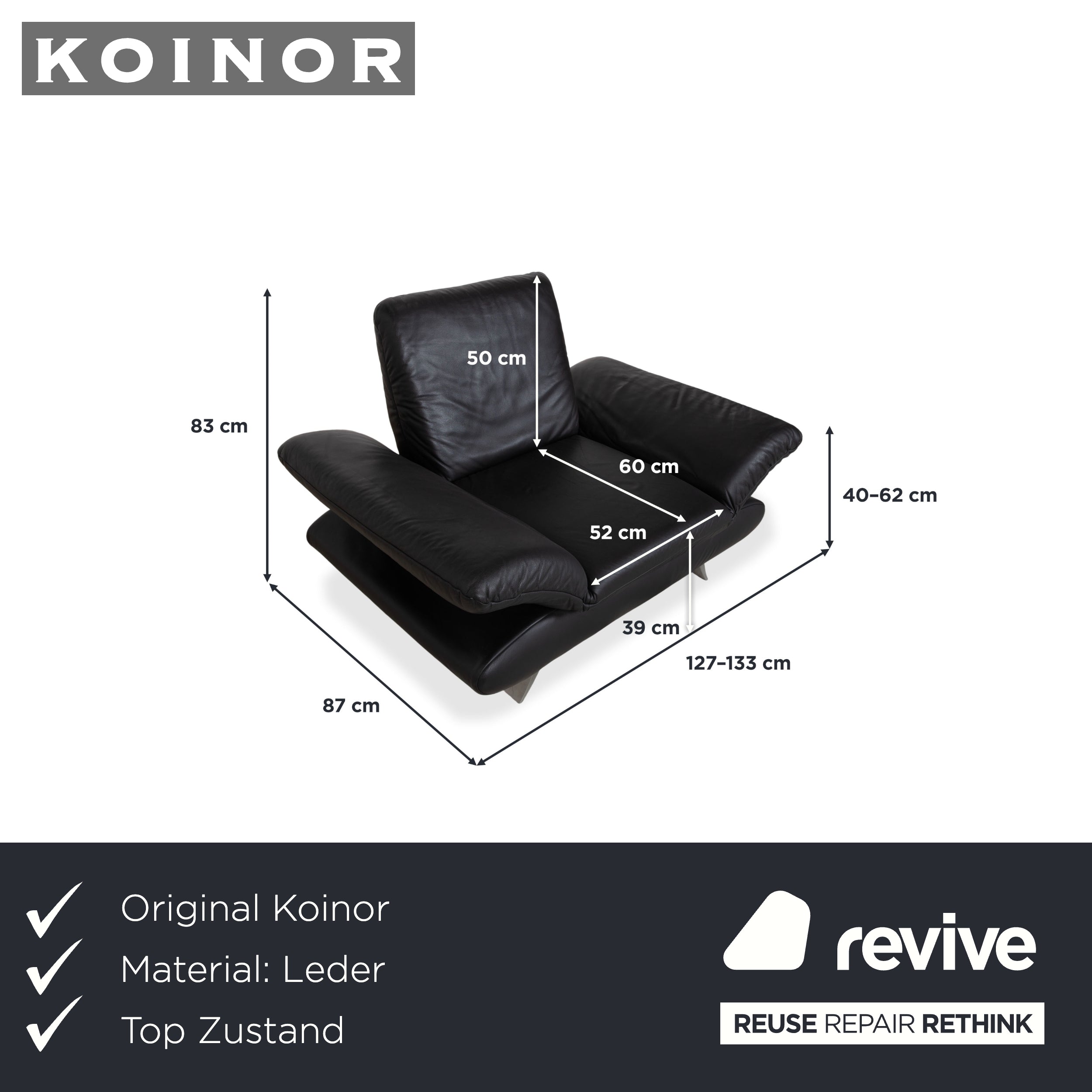 Koinor Rossini Armchair Leather Sofa Black Manual Function