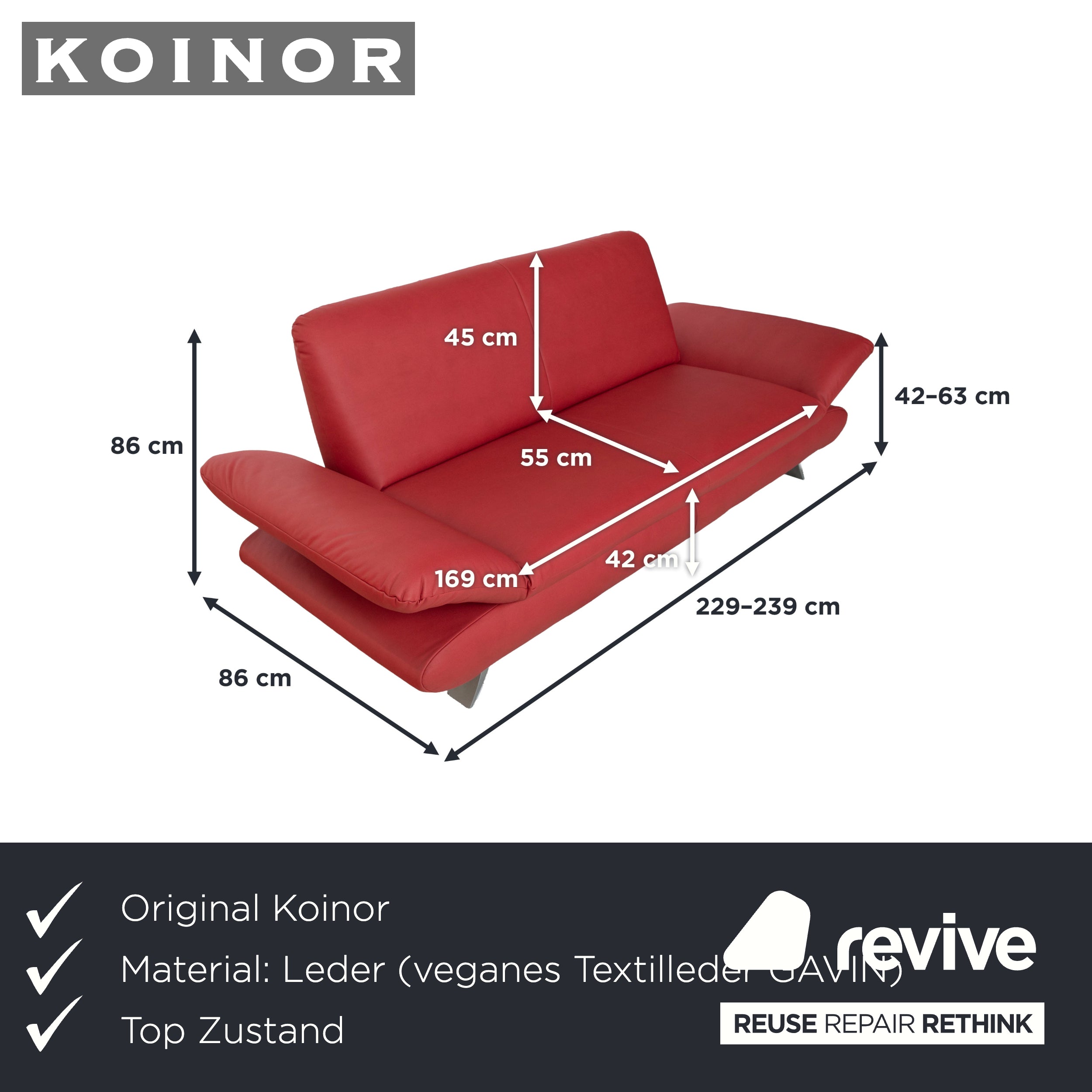 Koinor Rossini vegansk læder trepersoners rød manuel funktion sofa