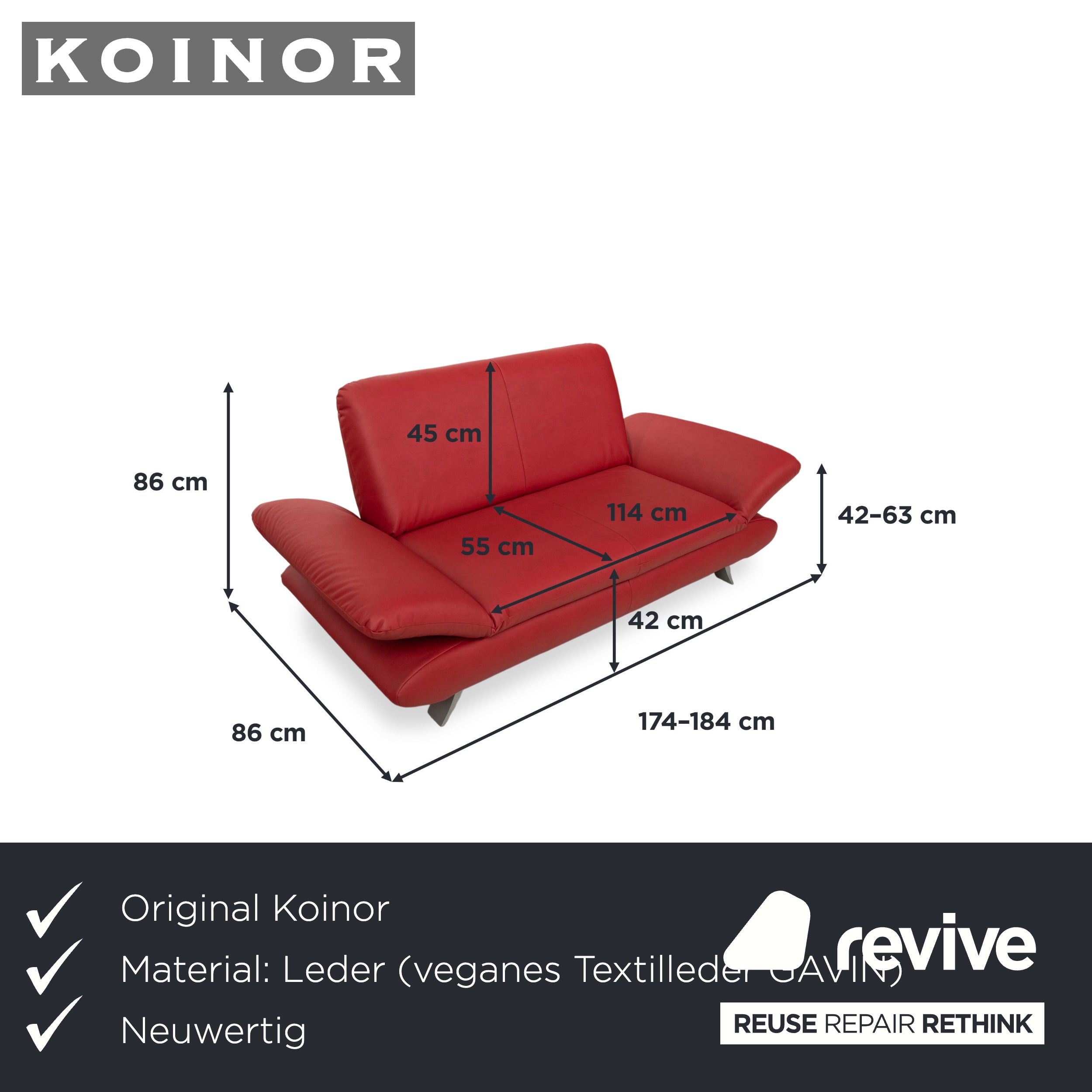 Koinor Rossini vegansk læder 2-personers sofa rød manuel funktion sofa nypolstring GAVIN 107