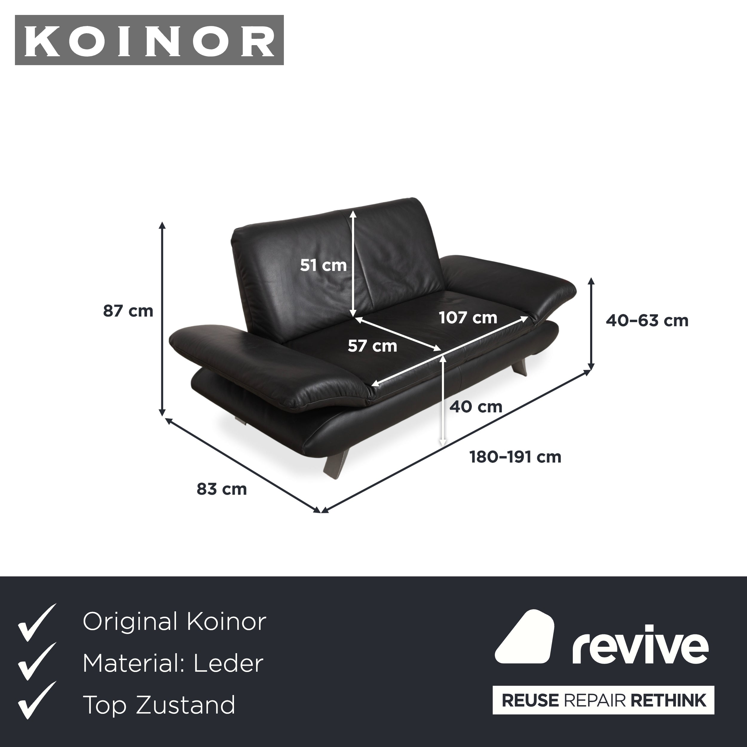 Koinor Rossini Two-Seater Black Leather Sofa Couch Manual Function