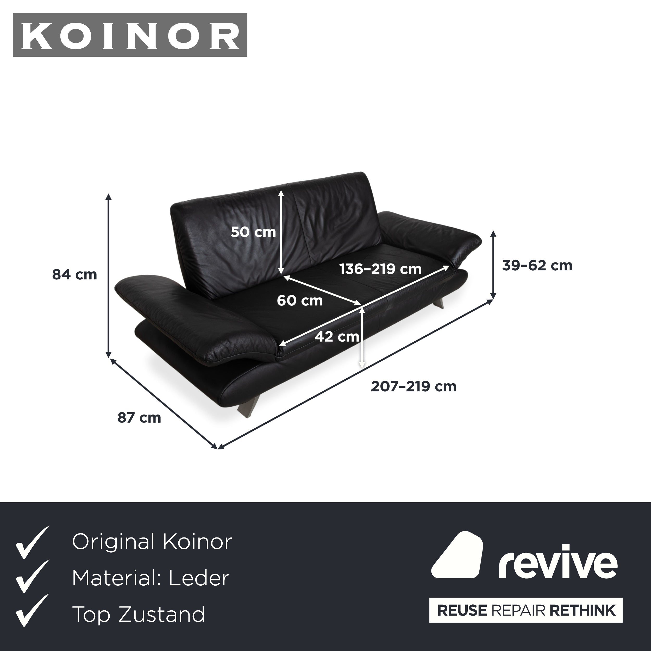 Koinor Rossini Zweisitzer Leder Sofa Schwarz Couch manuelle Funktion