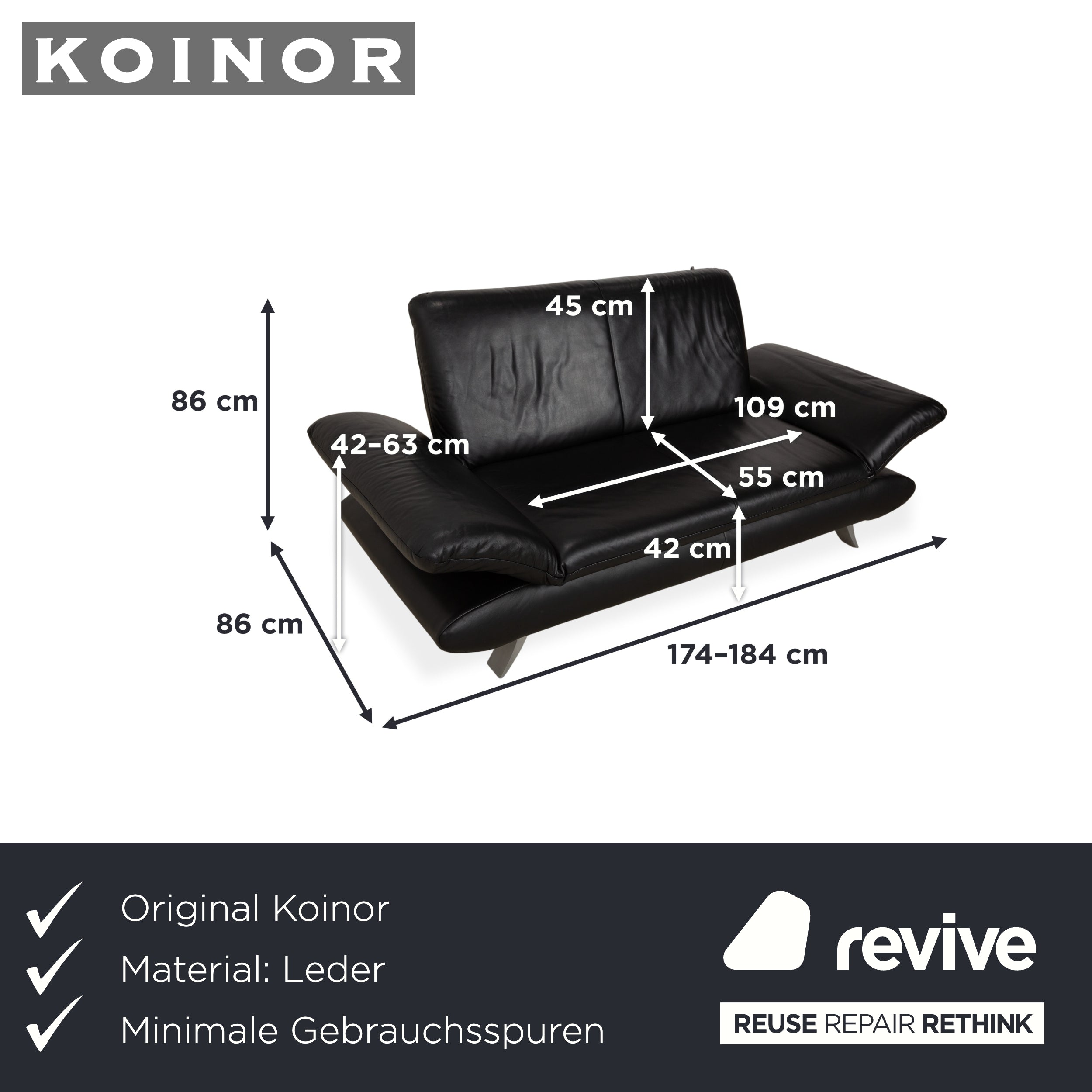 Koinor Rossini Zweisitzer Leder Sofa Schwarz manuelle Funktion Couch