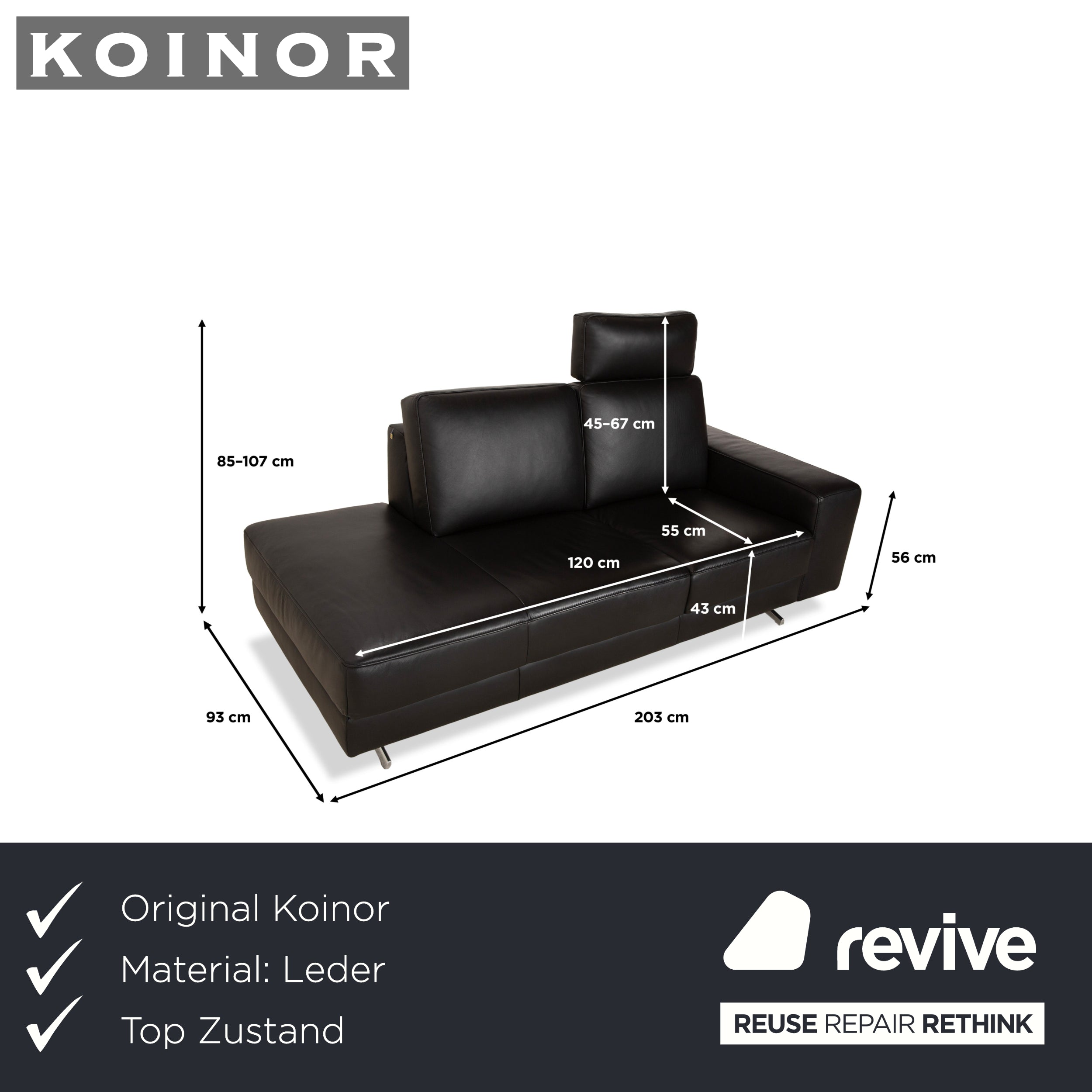 Canapé deux places en cuir noir Koinor Upgrade avec appui-tête