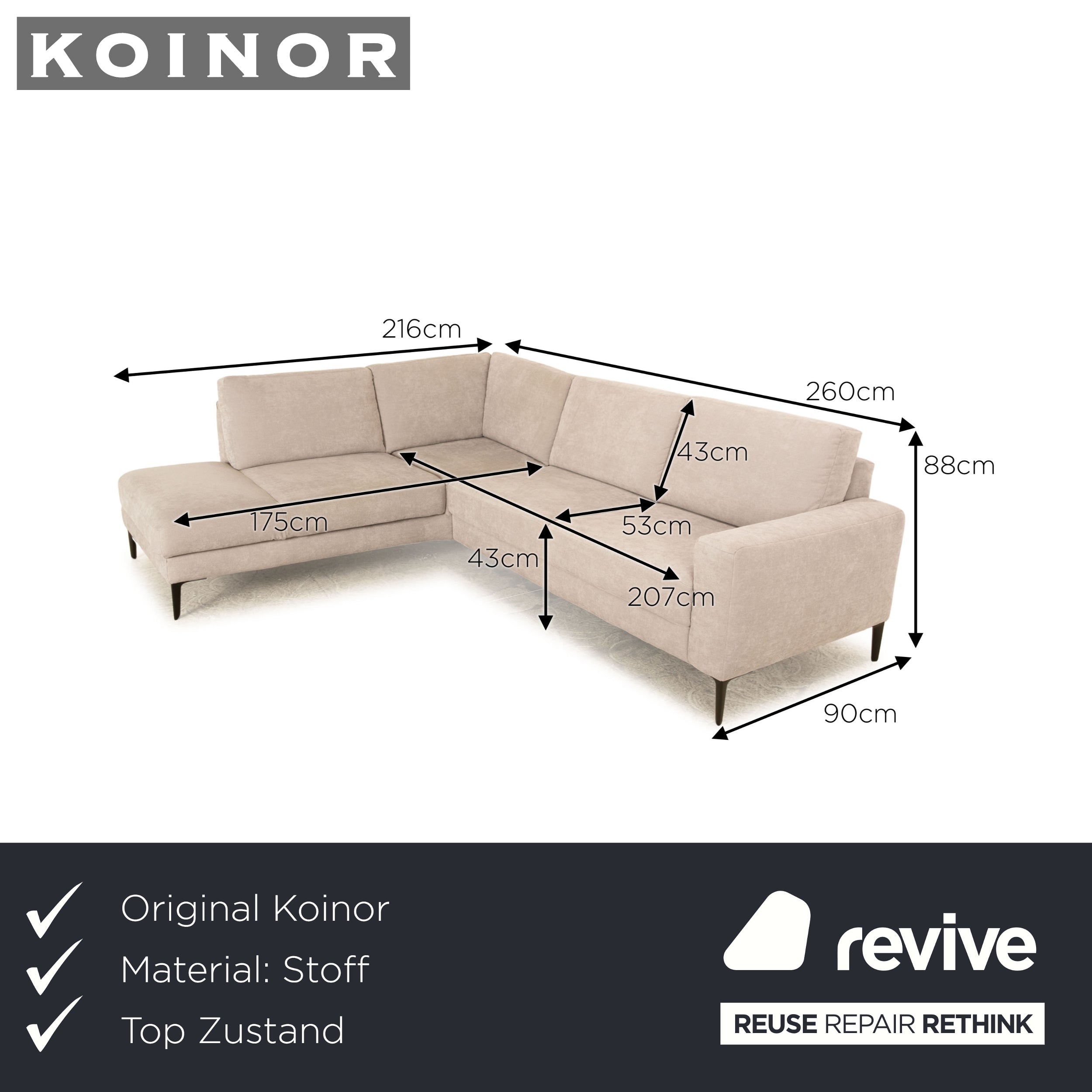 Koinor Upgrade Fabric Corner Sofa Grey Taupe Manual Function Sofa Couch