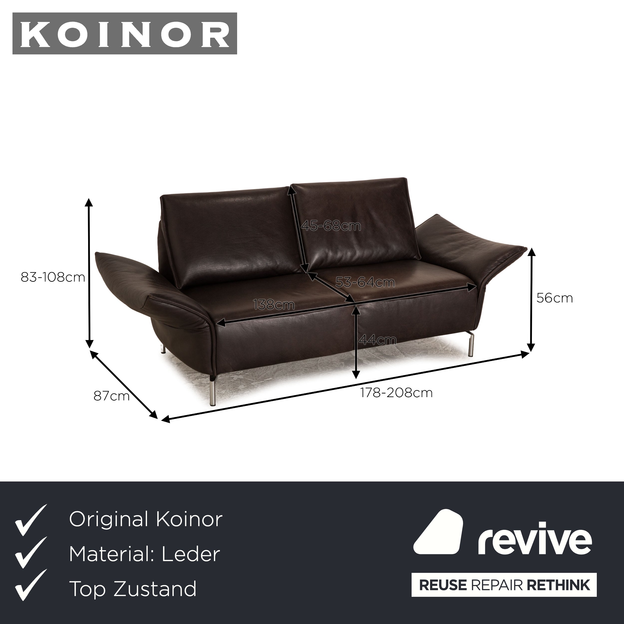 Koinor Vanda cuir deux places marron marron foncé canapé canapé fonction manuelle