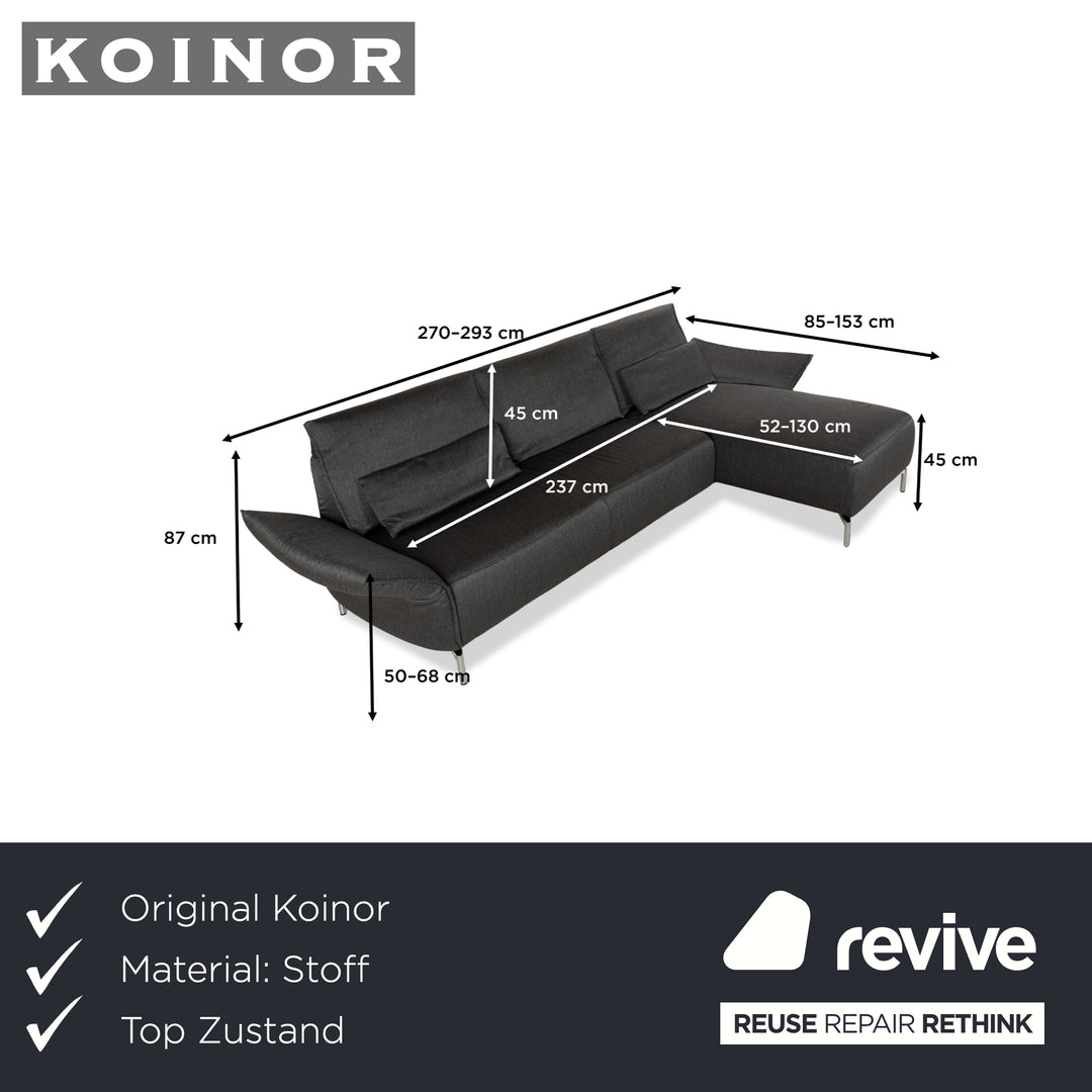Canapé d'angle en tissu Koinor Vanda gris avec fonction manuelle, méridienne droite